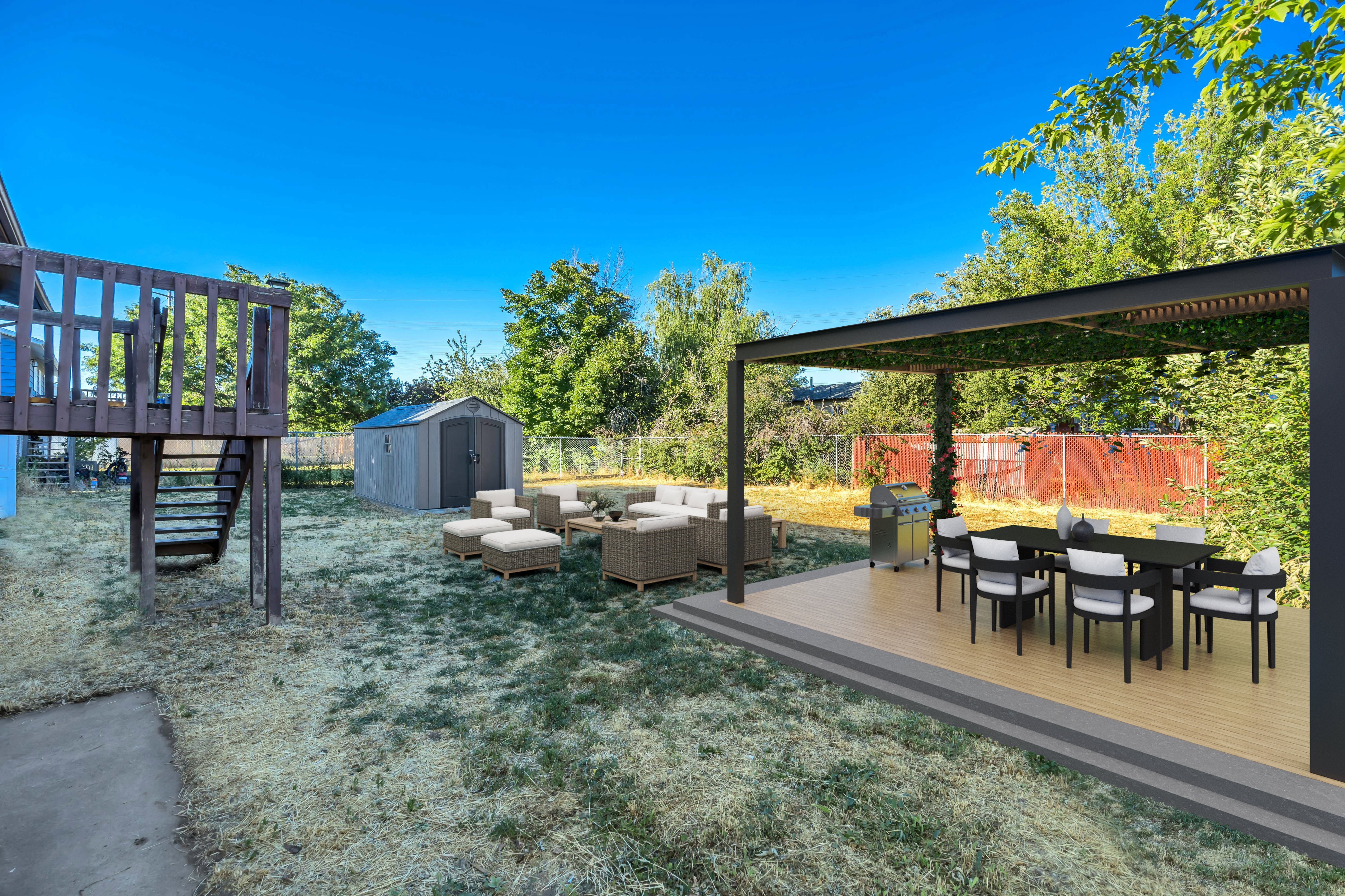 Virtually staged Expansive backyard featuring a multi-level wooden deck, a dedicated storage shed, and a paved patio area