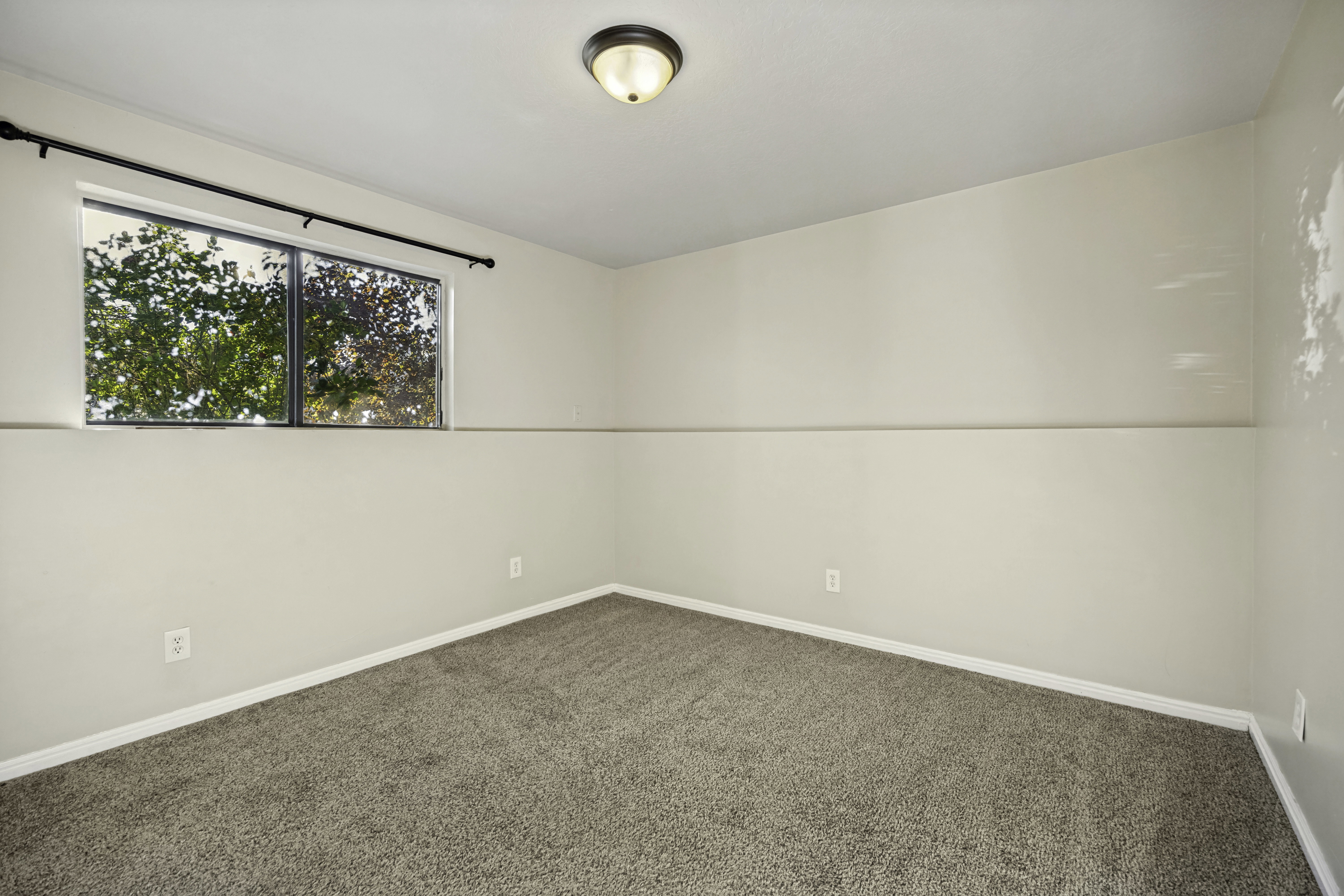 Bedroom featuring a dual-pane window, neutral-toned walls, and plush carpet flooring