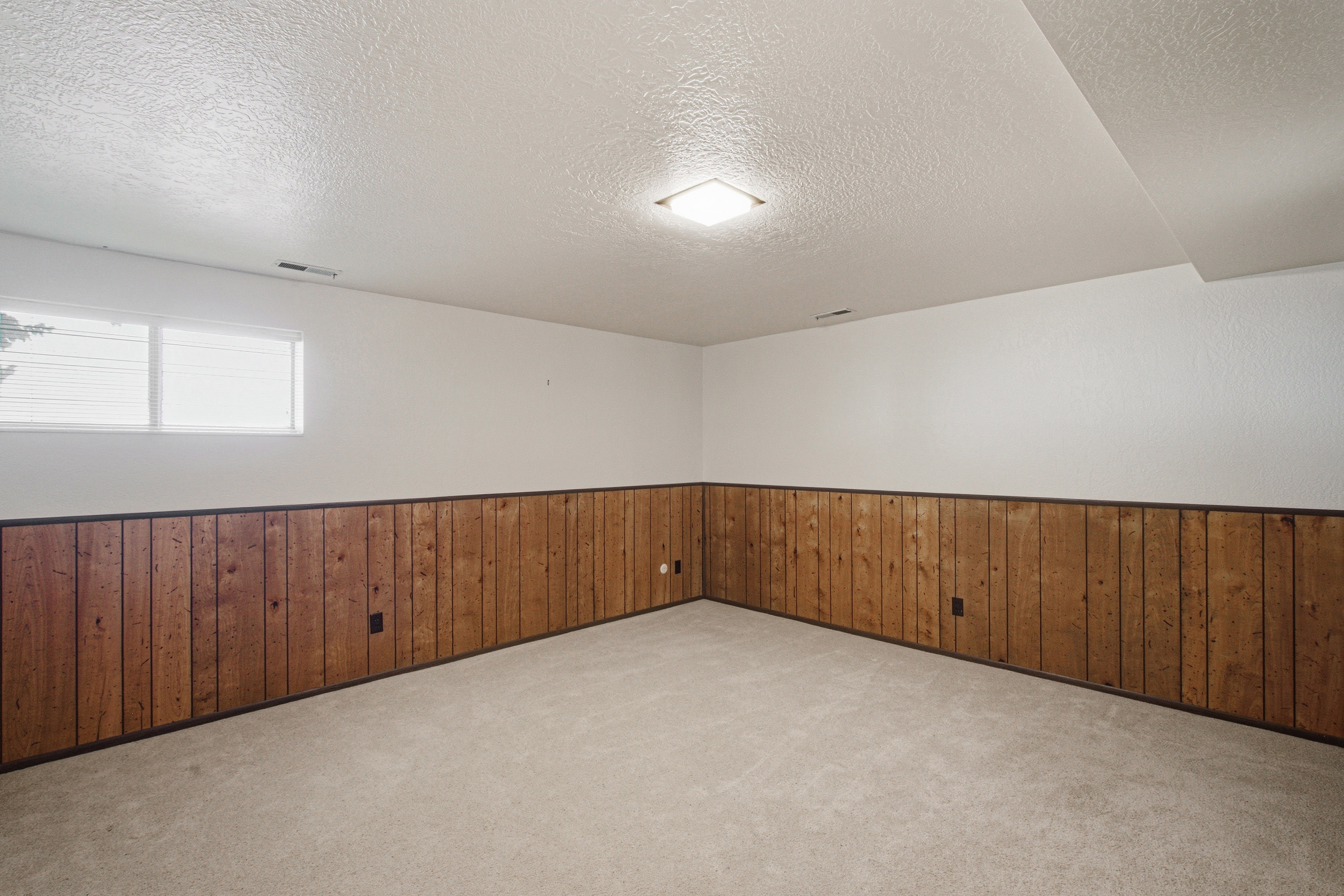 Spacious room featuring light-colored carpet flooring, white painted walls, and wood paneling along the lower wall