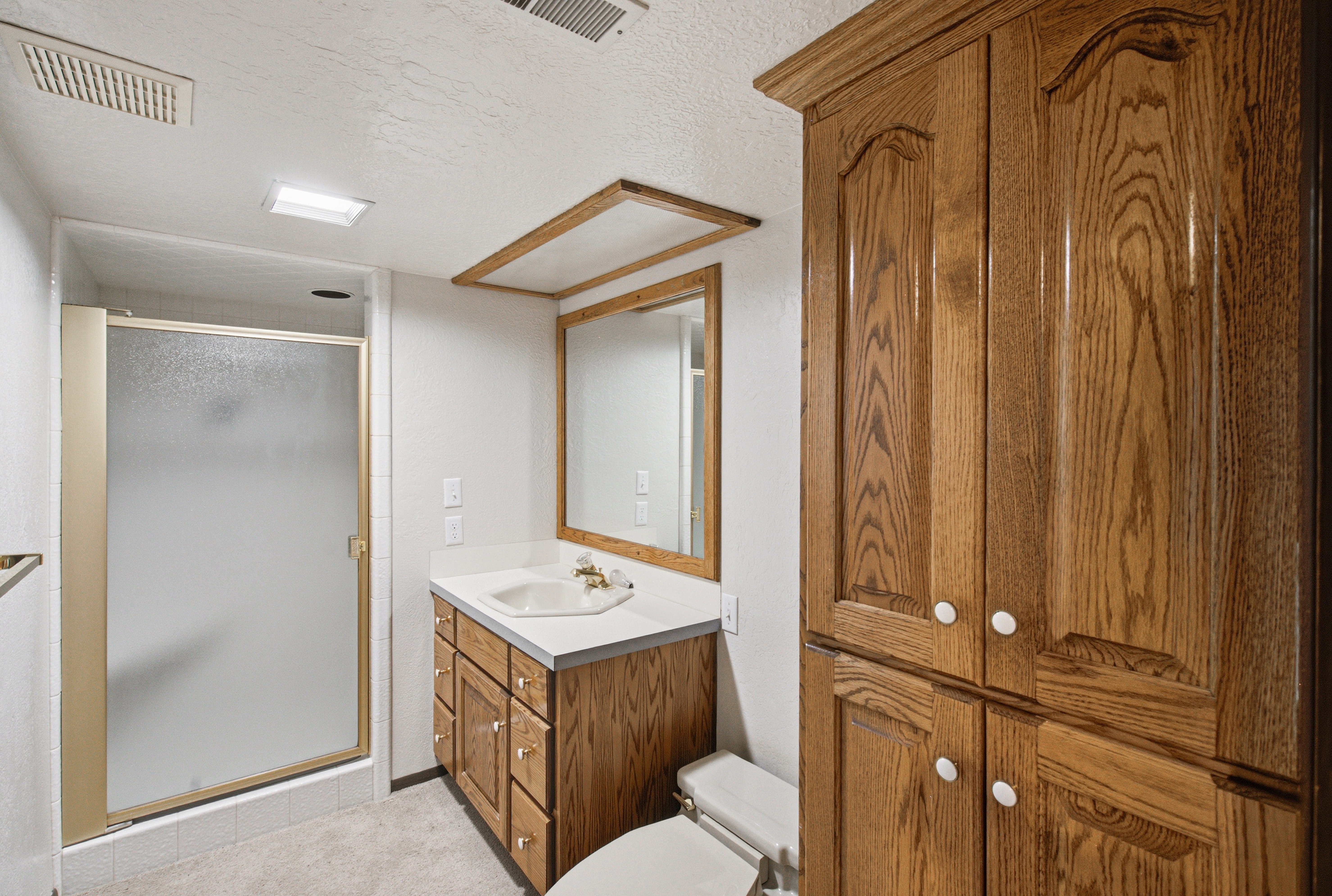 Bathroom featuring a standing shower with a frosted glass door, a wood-finish vanity with a white countertop and integrated sink, and an overhead lighting fixture