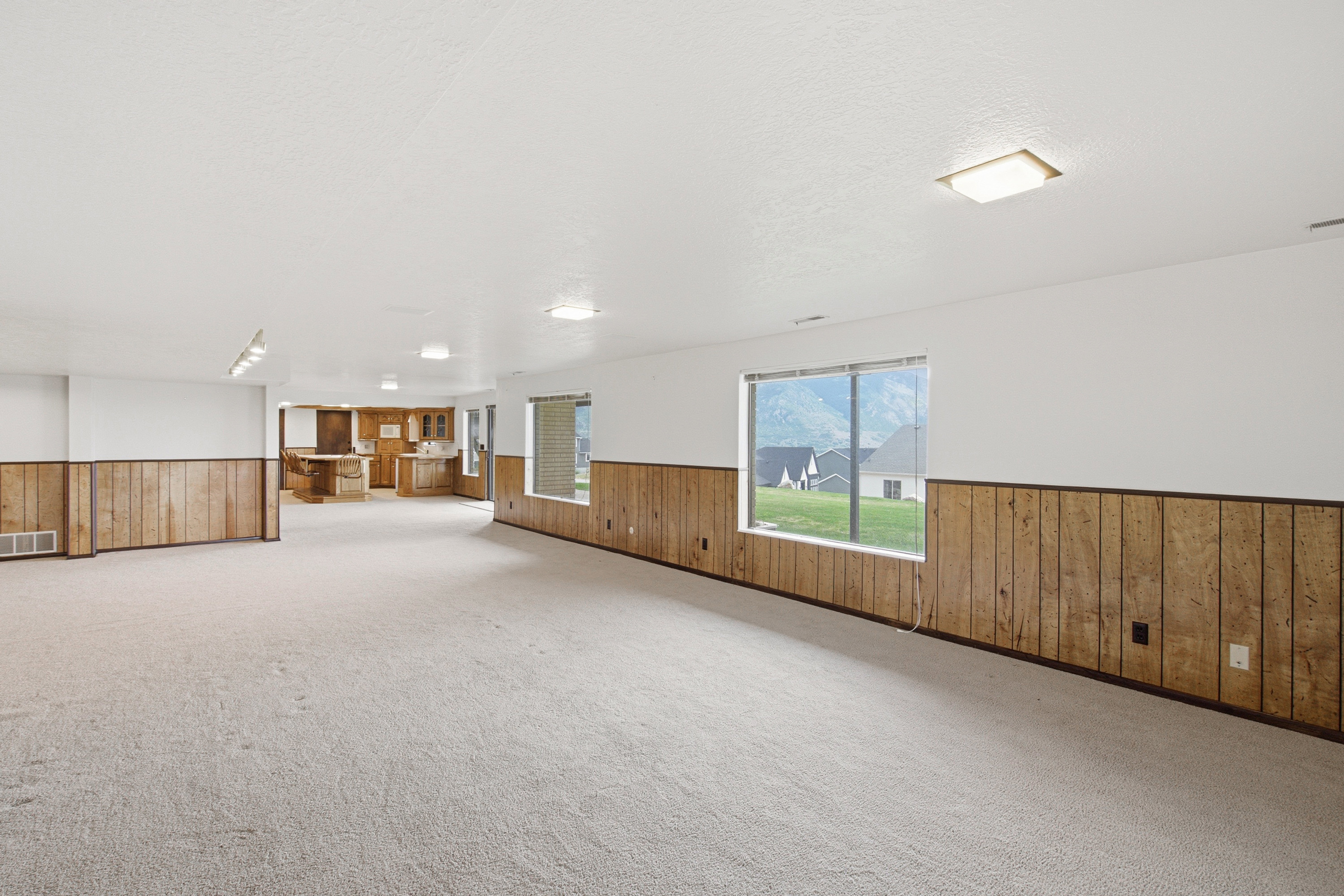 Expansive carpeted room featuring multiple windows, wood paneling, and a recessed ceiling