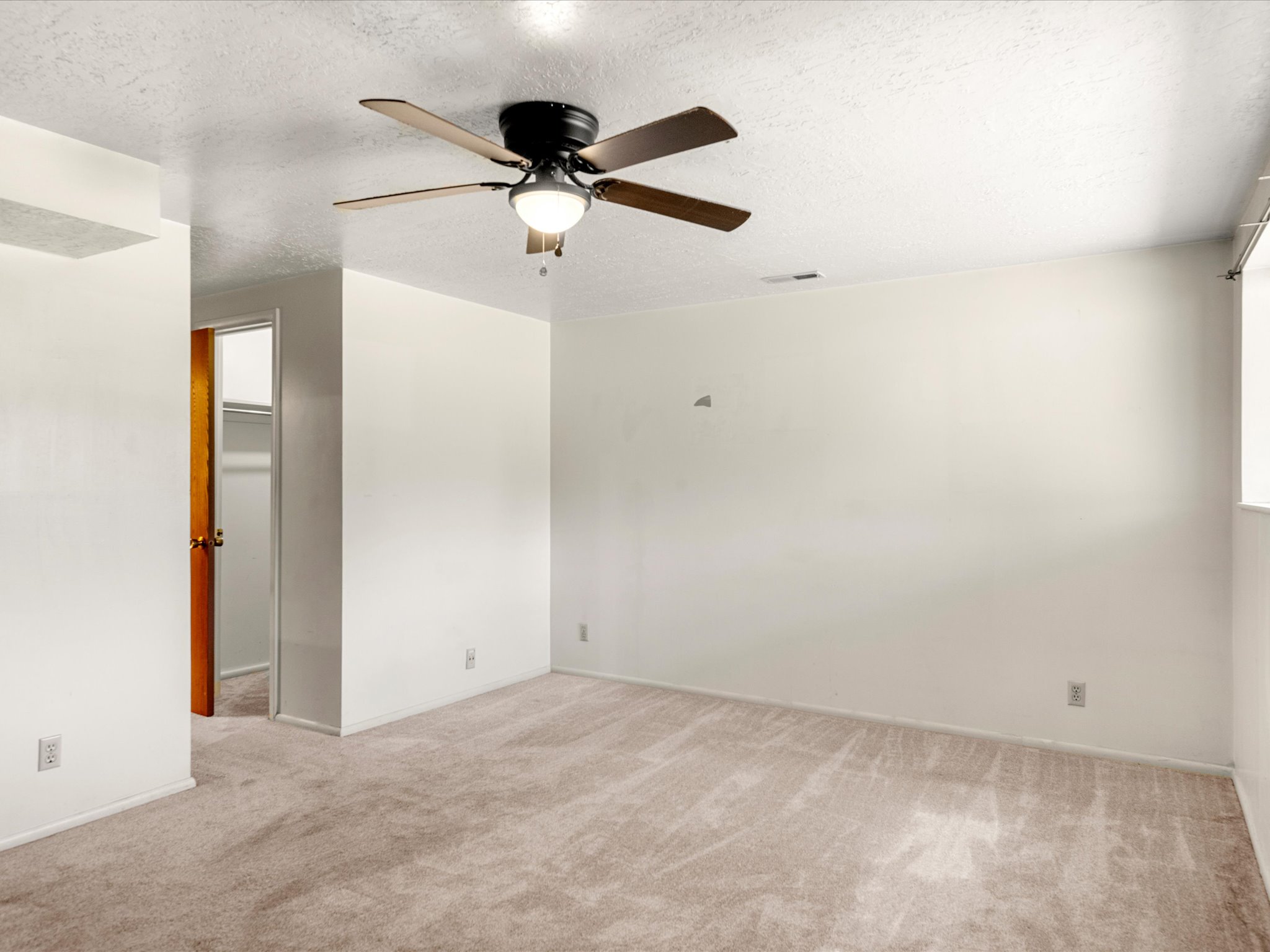 Spacious room featuring neutral carpeting and light-colored walls
