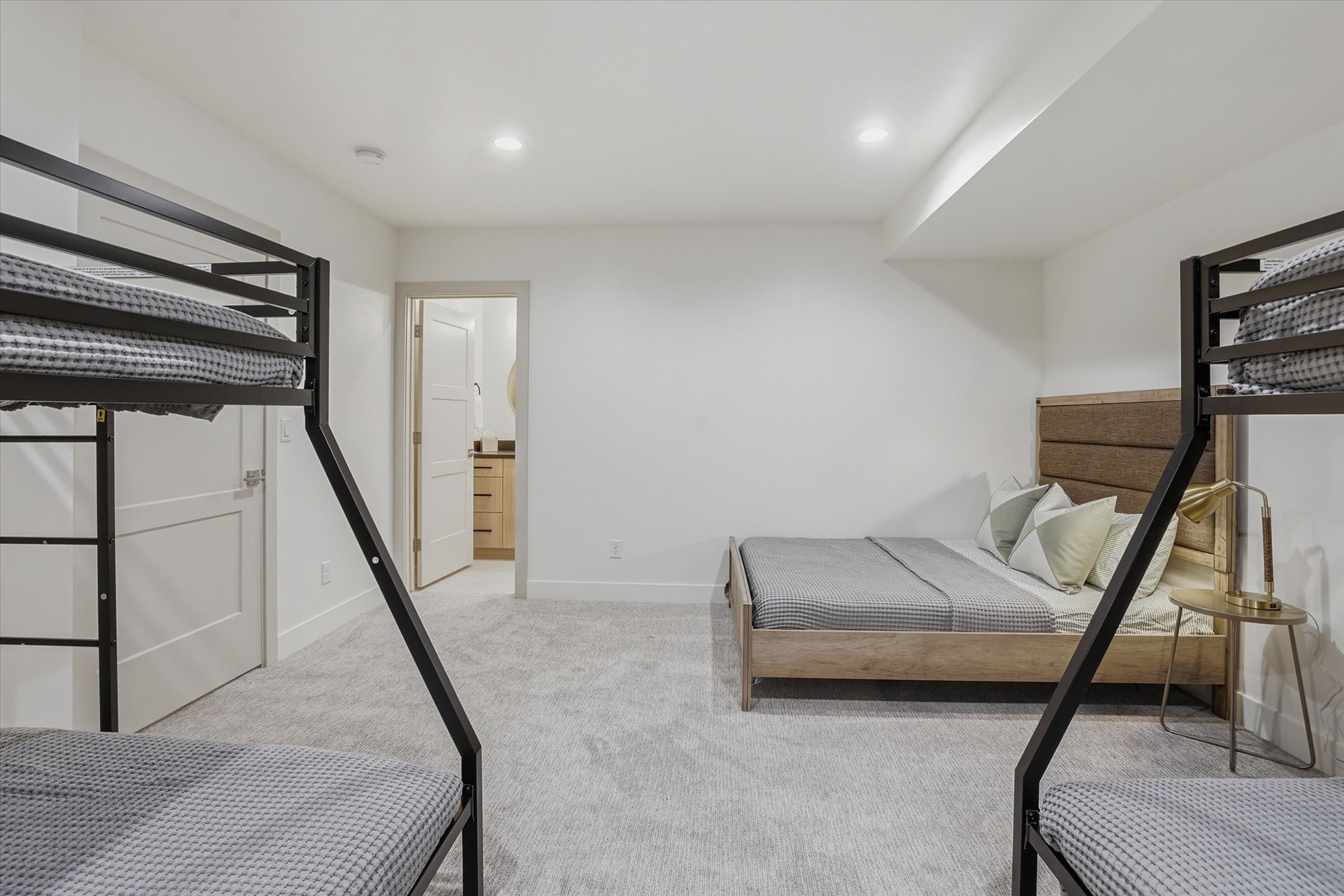 Spacious interior room featuring light gray carpeting, recessed ceiling lighting, a modern solid core door, and white painted walls