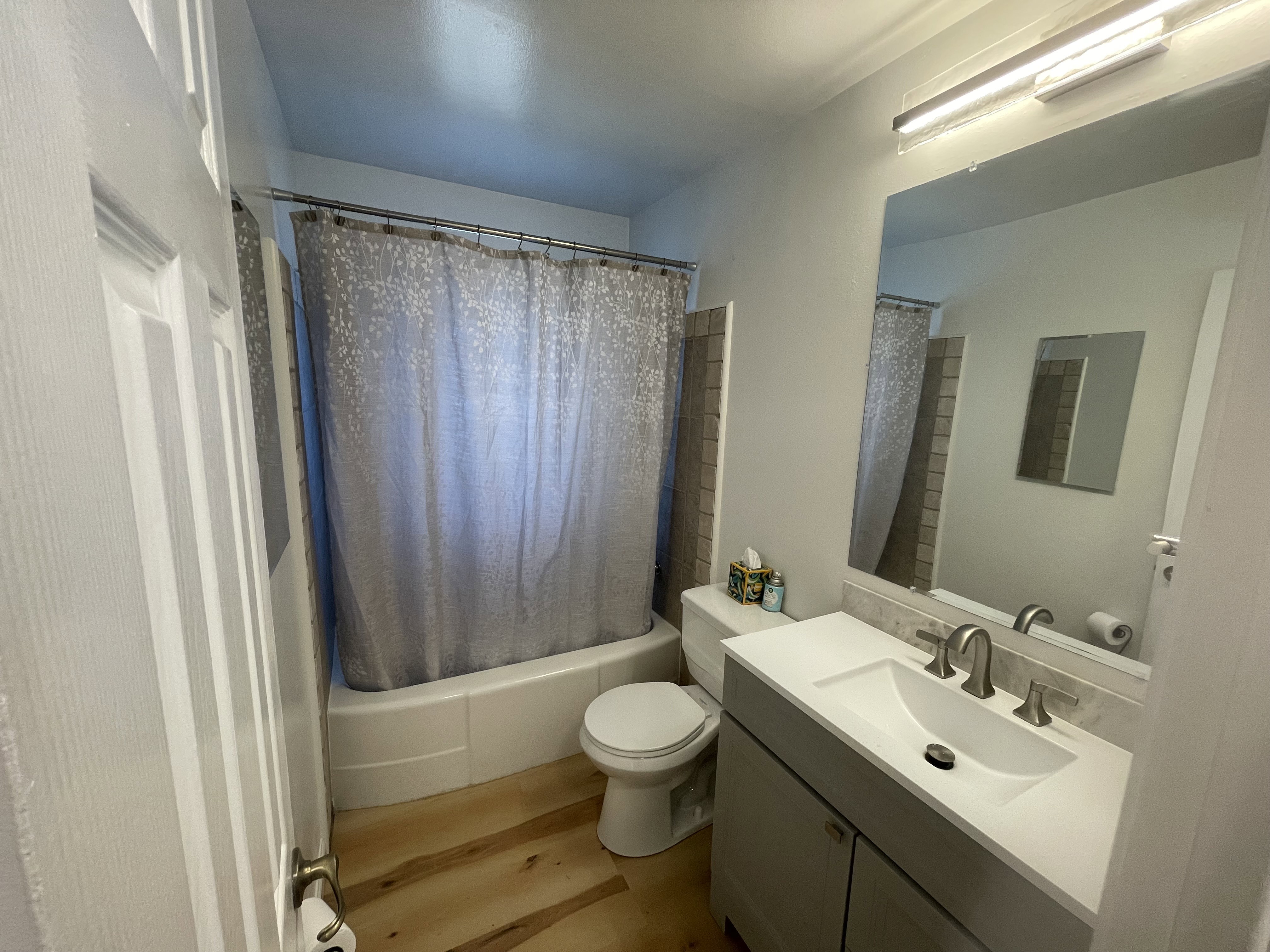 Bathroom featuring a white vanity with a rectangular sink and brushed nickel faucet, large wall-mounted mirror, and wood-finish flooring