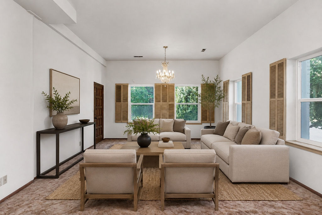 Bright living area featuring multiple windows with wood shutters, a decorative chandelier, and a dark wood entry door