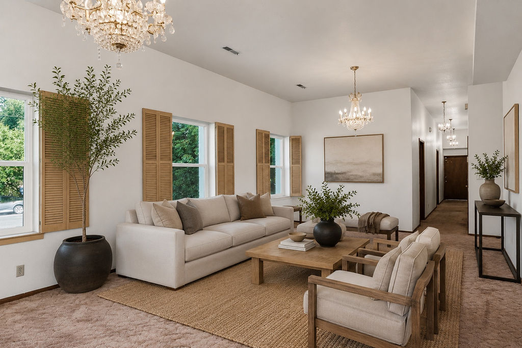 Spacious living area featuring dual crystal chandeliers, multiple windows with natural wood shutters, a neutral color palette, and high ceilings