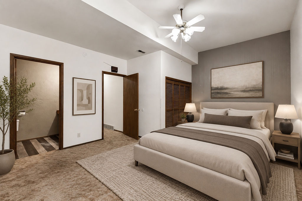 Bedroom featuring a textured accent wall, ceiling fan, and carpeted flooring