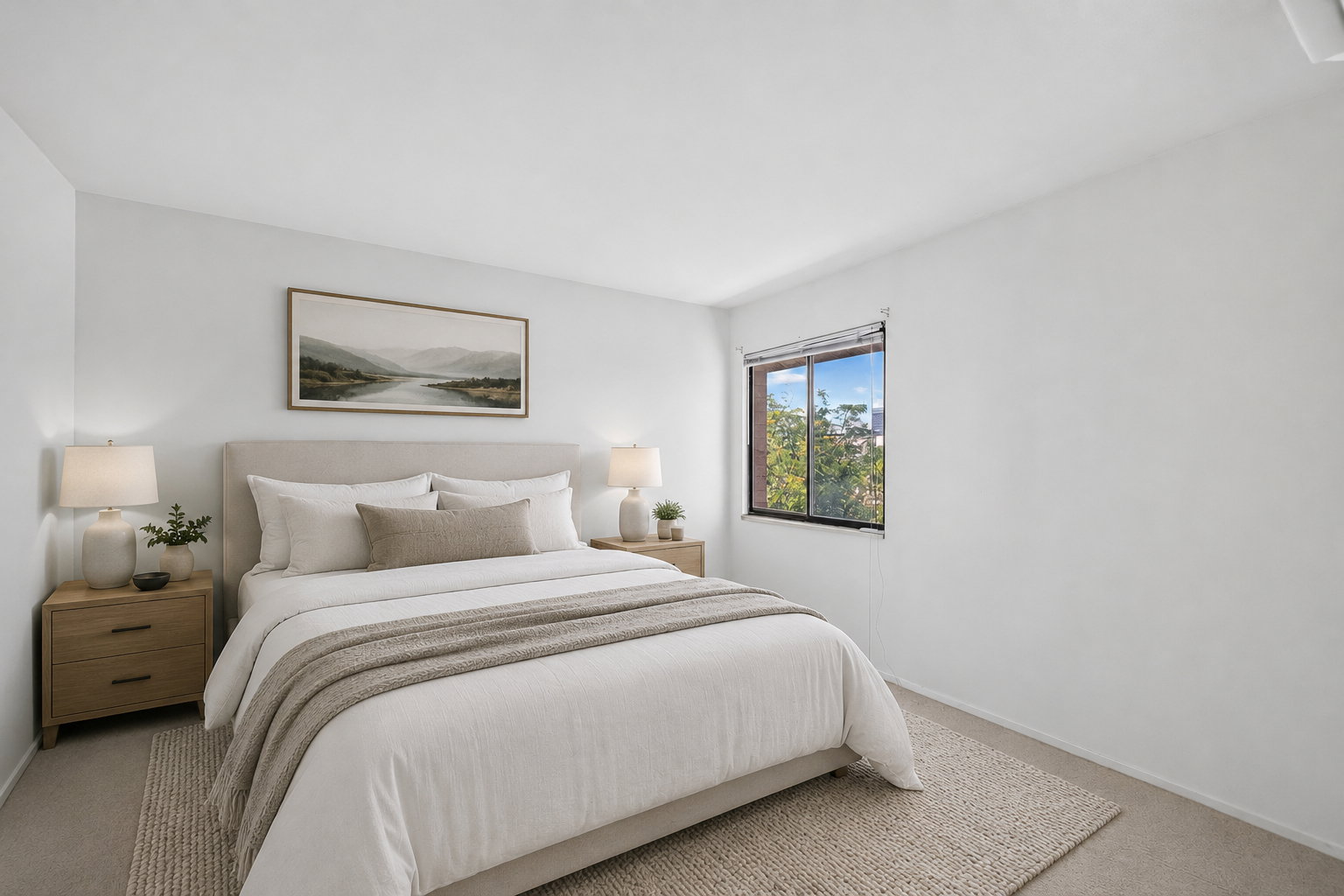 Bedroom featuring light-colored walls, carpeting, and a window with a green outdoor scene