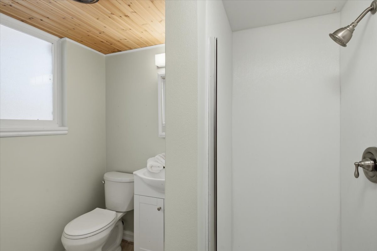 Bathroom featuring a wood-panel ceiling, window, toilet, vanity with integrated sink, and a shower with a brushed nickel showerhead and control