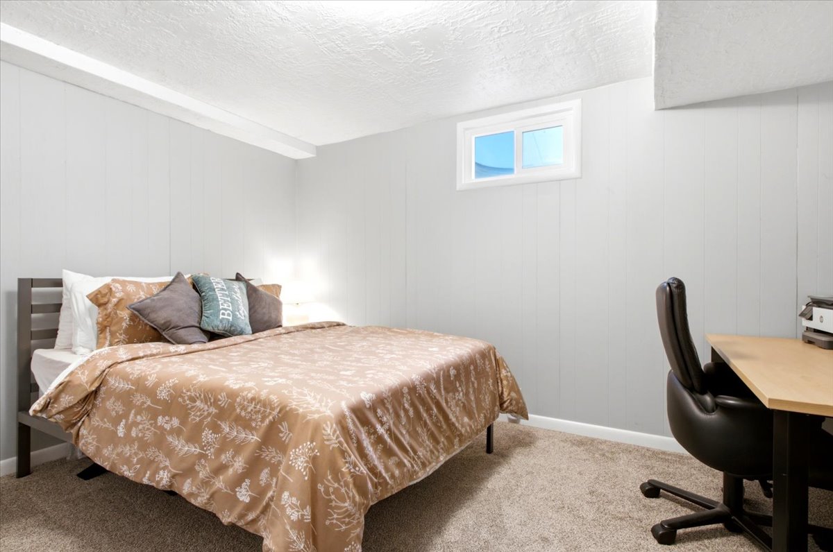Carpeted room featuring light gray paneling and a white ceiling