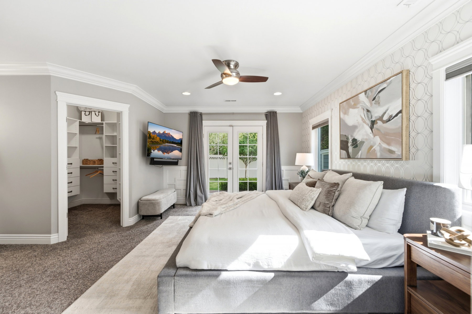 Bedroom featuring French doors, a ceiling fan, and recessed lighting