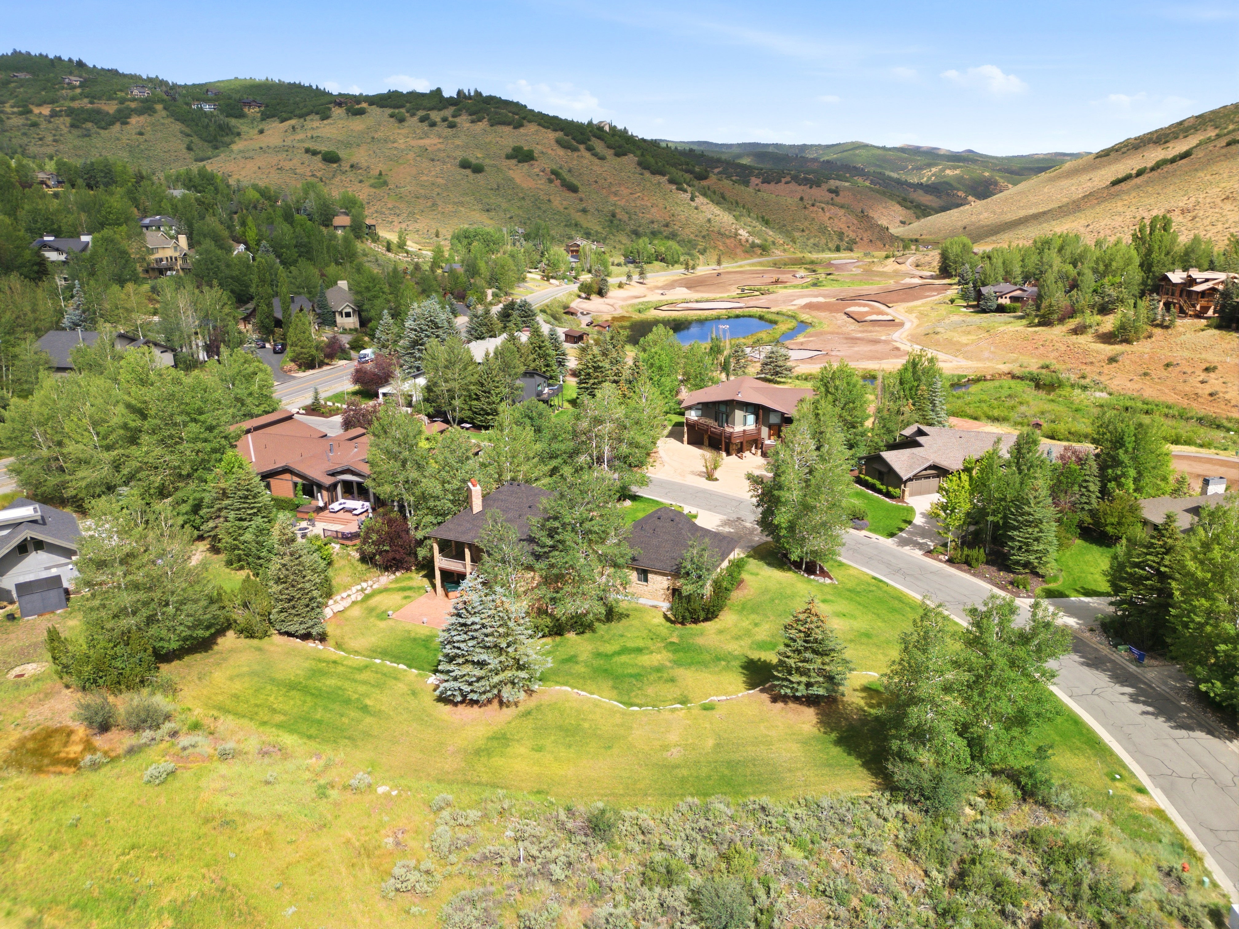 Residential properties interspersed with mature trees and green landscaping
