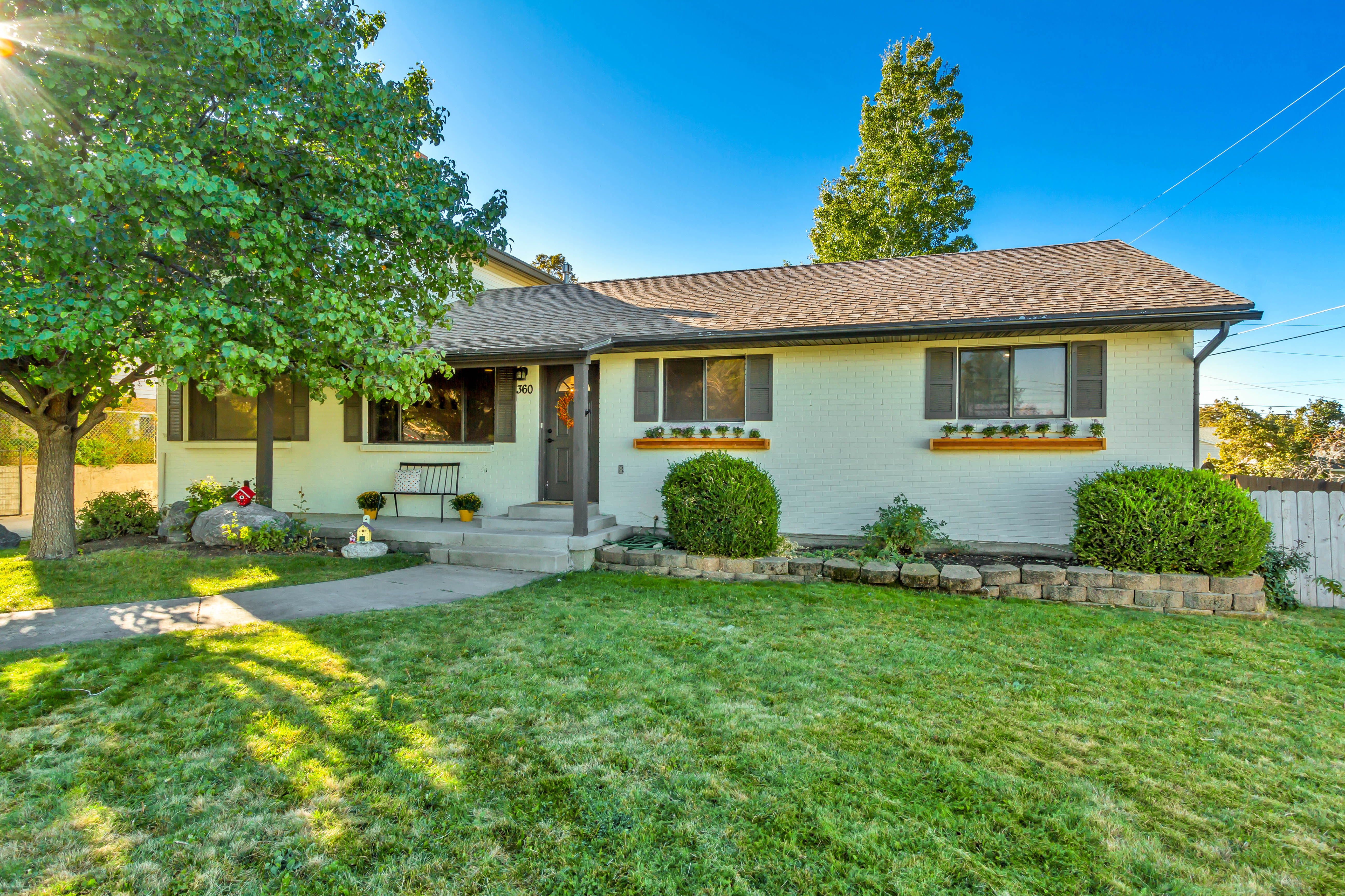Ranch-style residence featuring a prominent front porch, concrete pathway, and a mature shade tree