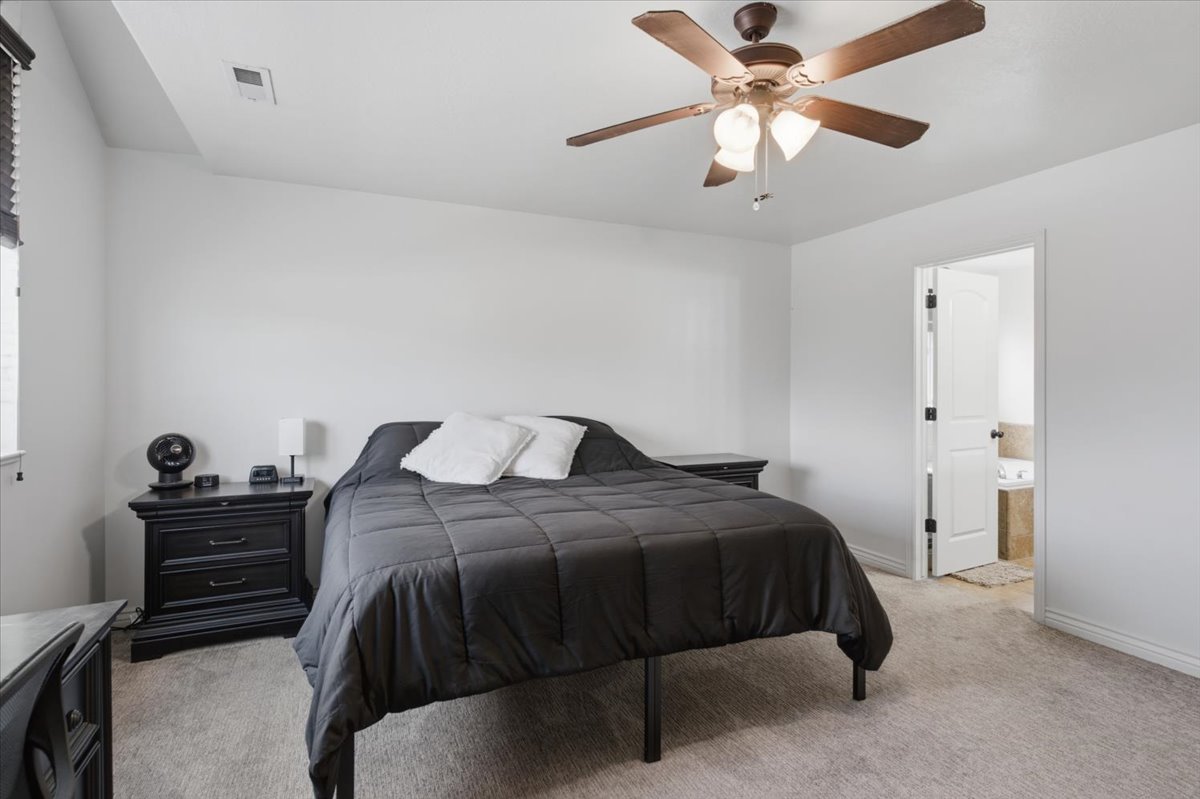 Carpeted room featuring a ceiling fan with integrated lighting, white walls, and a window with blinds