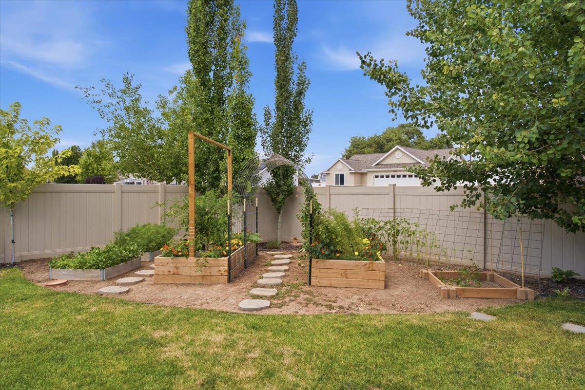 Expansive backyard featuring a manicured lawn, several raised garden beds, and stepping stone pathways