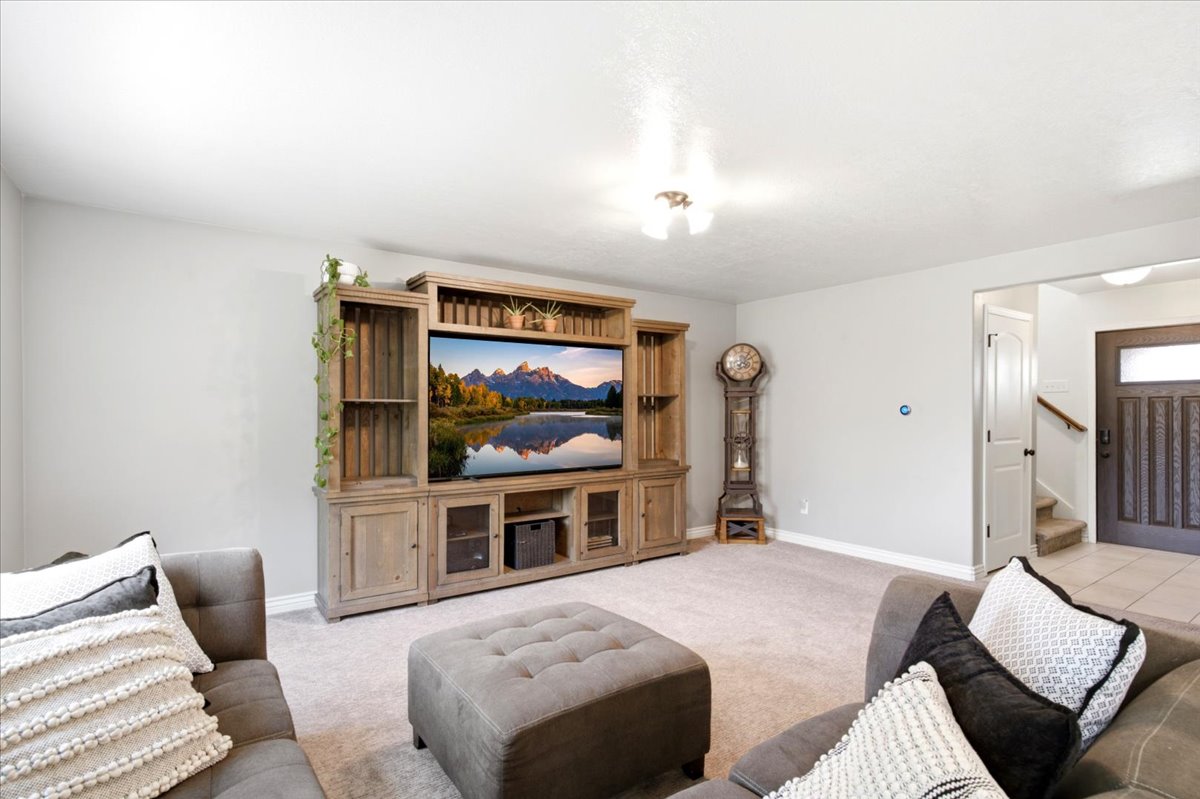 Living area featuring light gray wall paint and textured carpet flooring
