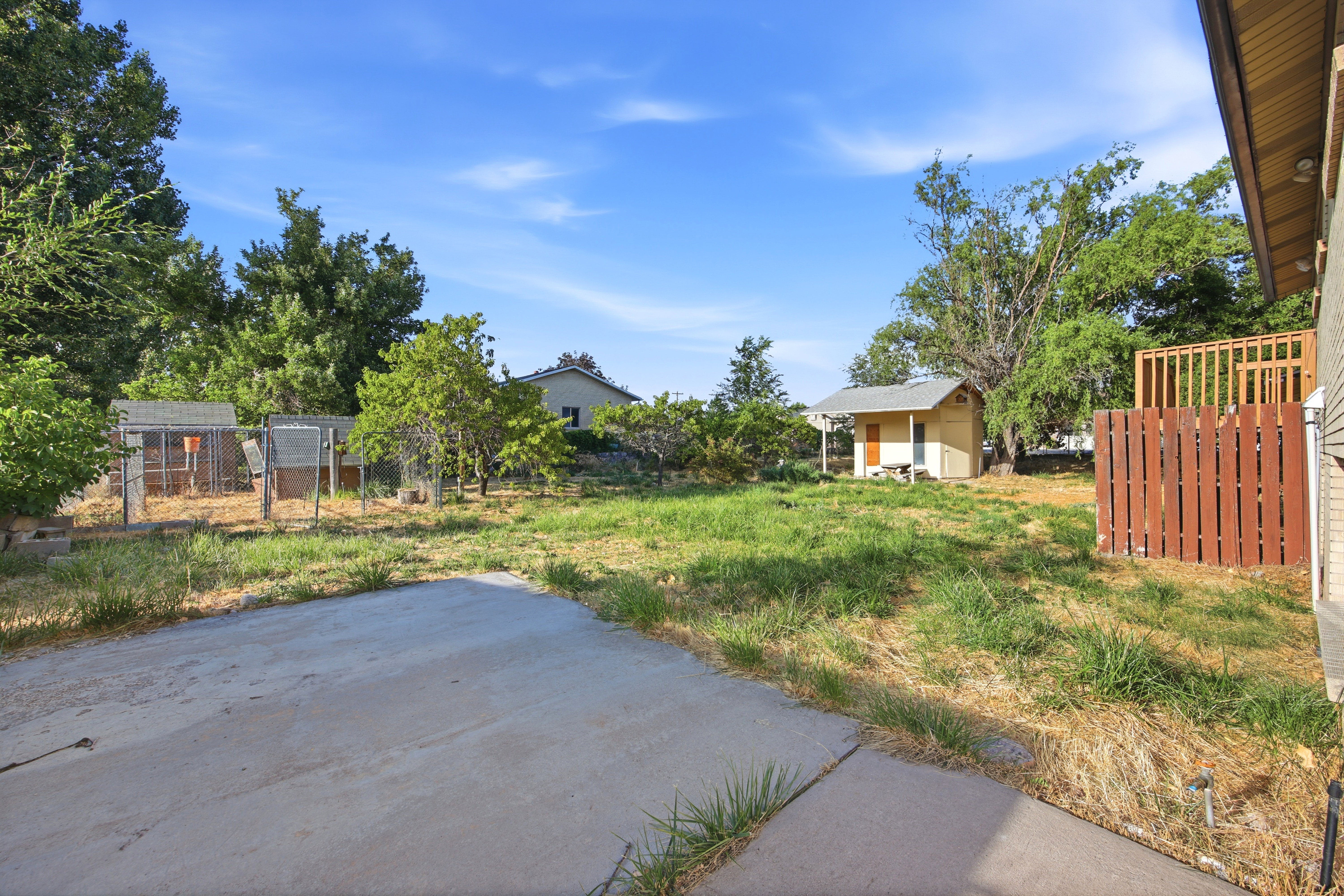Expansive outdoor space featuring a concrete patio, a detached storage shed, and a wooden privacy fence