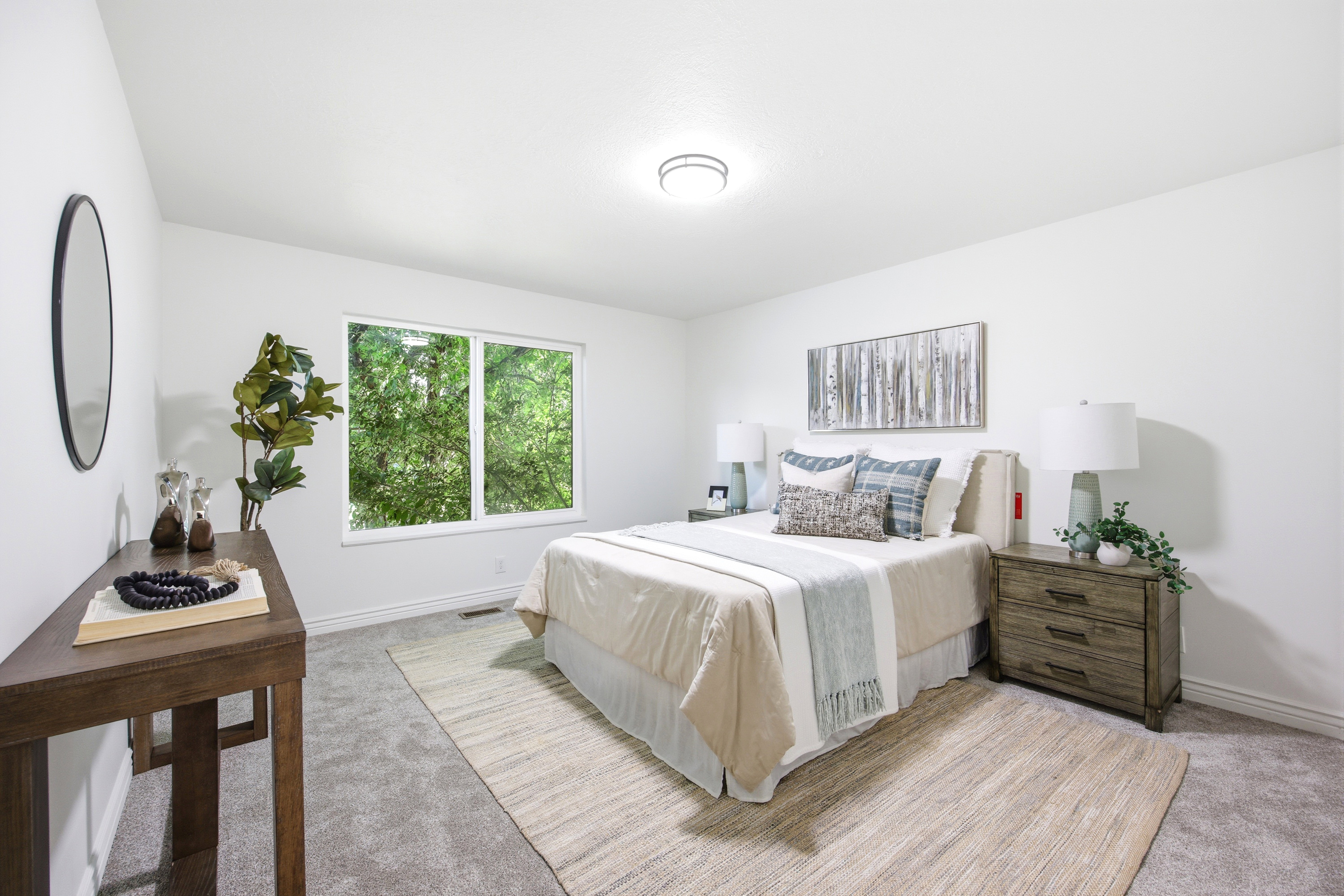 Bright bedroom featuring a large window, plush gray carpeting, and crisp white walls