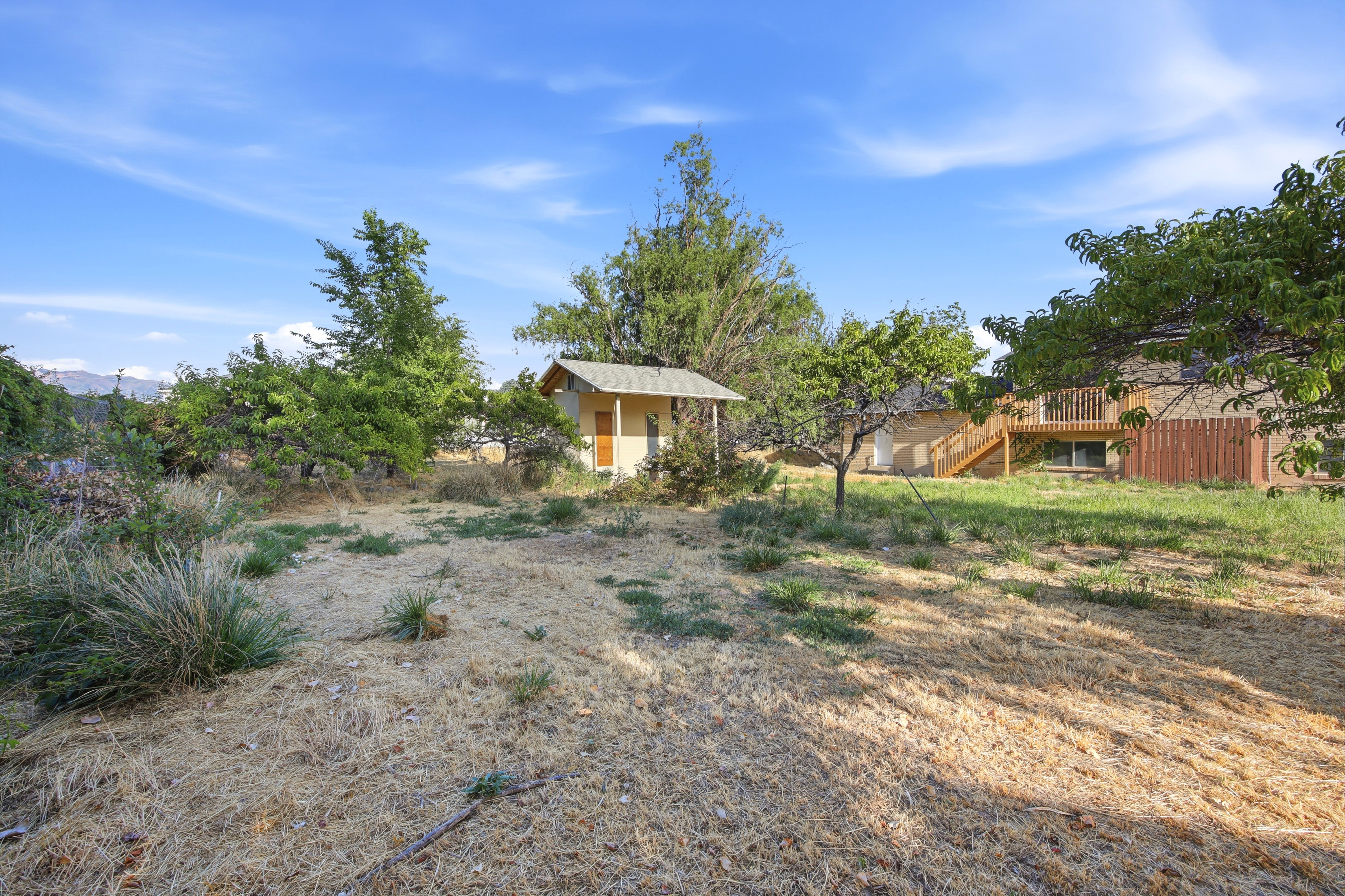 Spacious backyard featuring a detached accessory structure, mature trees, a wooden fence line, and a multi-level deck with wooden stairs
