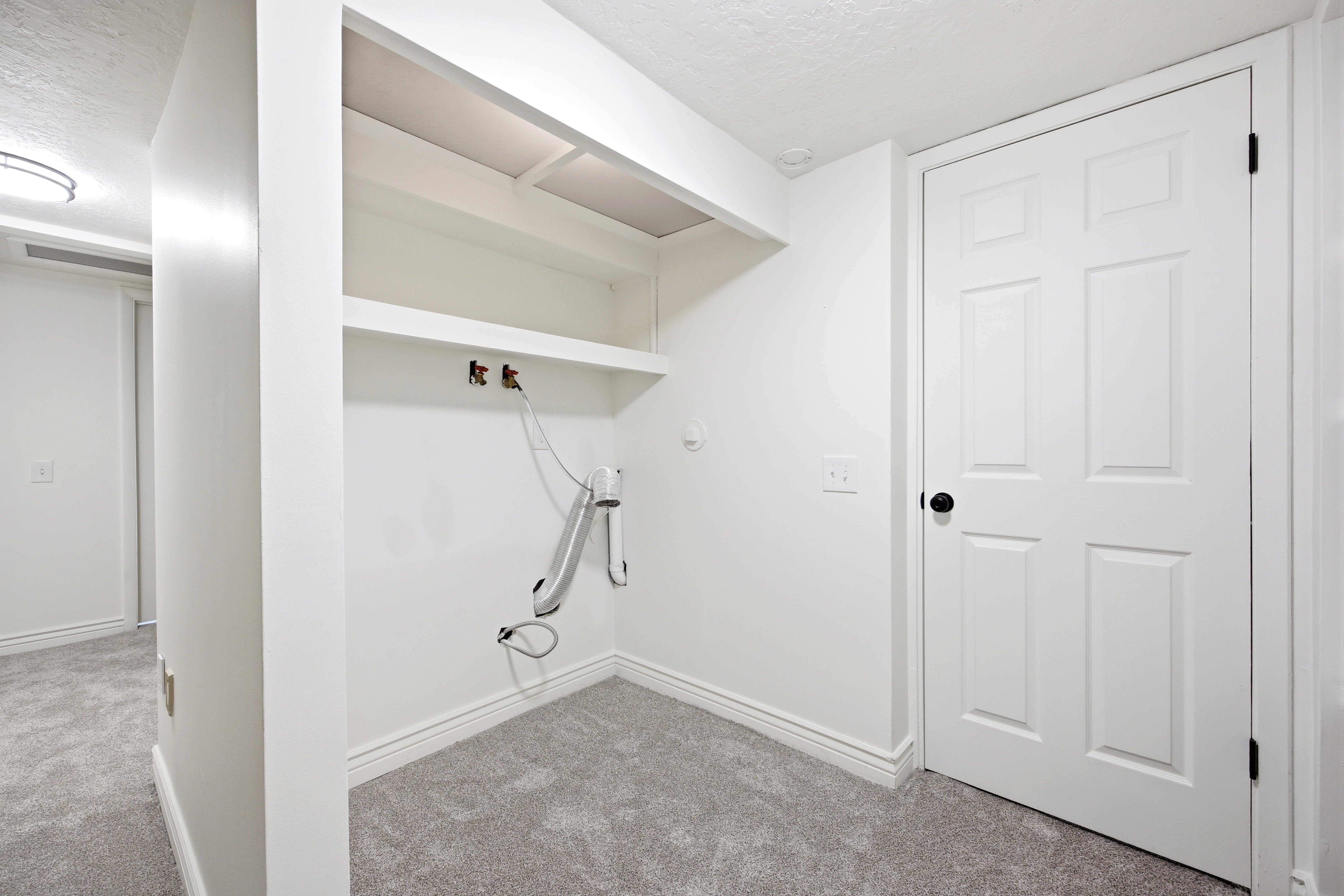 Laundry area featuring a built-in shelf, white paneled door with matte black hardware, and gray carpet