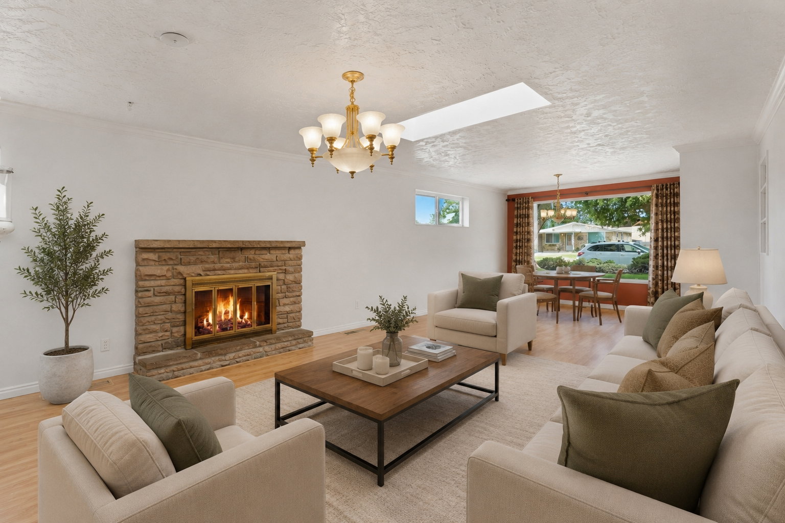 Living area featuring a stone fireplace with a gold-toned insert, wood-finish flooring, and a rectangular skylight