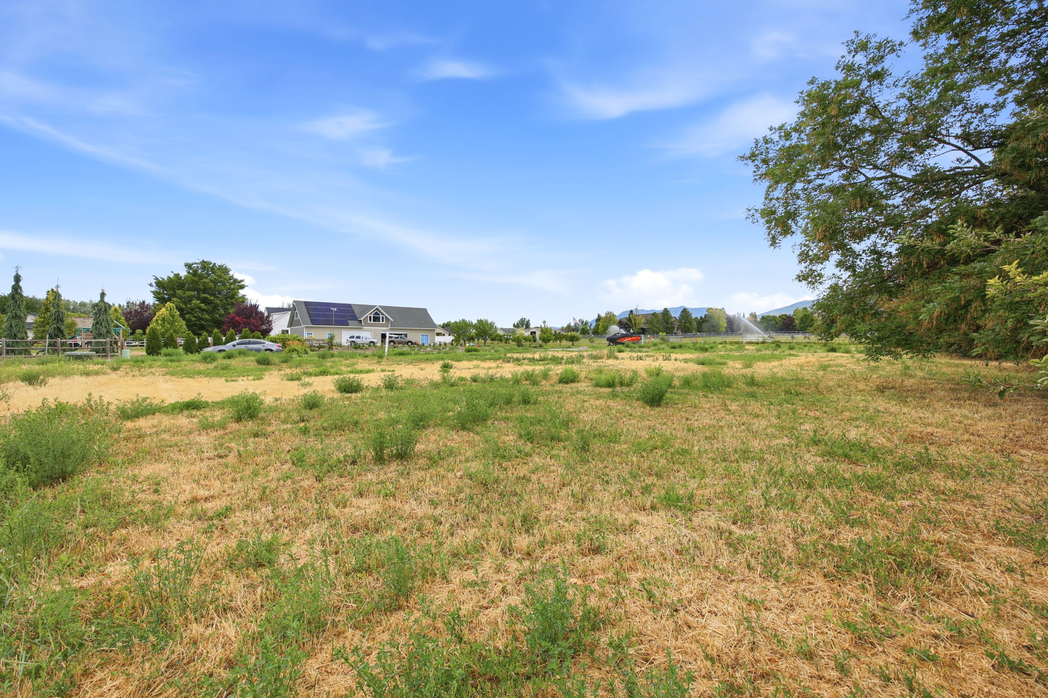 Expansive open lot featuring natural ground cover, established perimeter trees, and distant mountain range