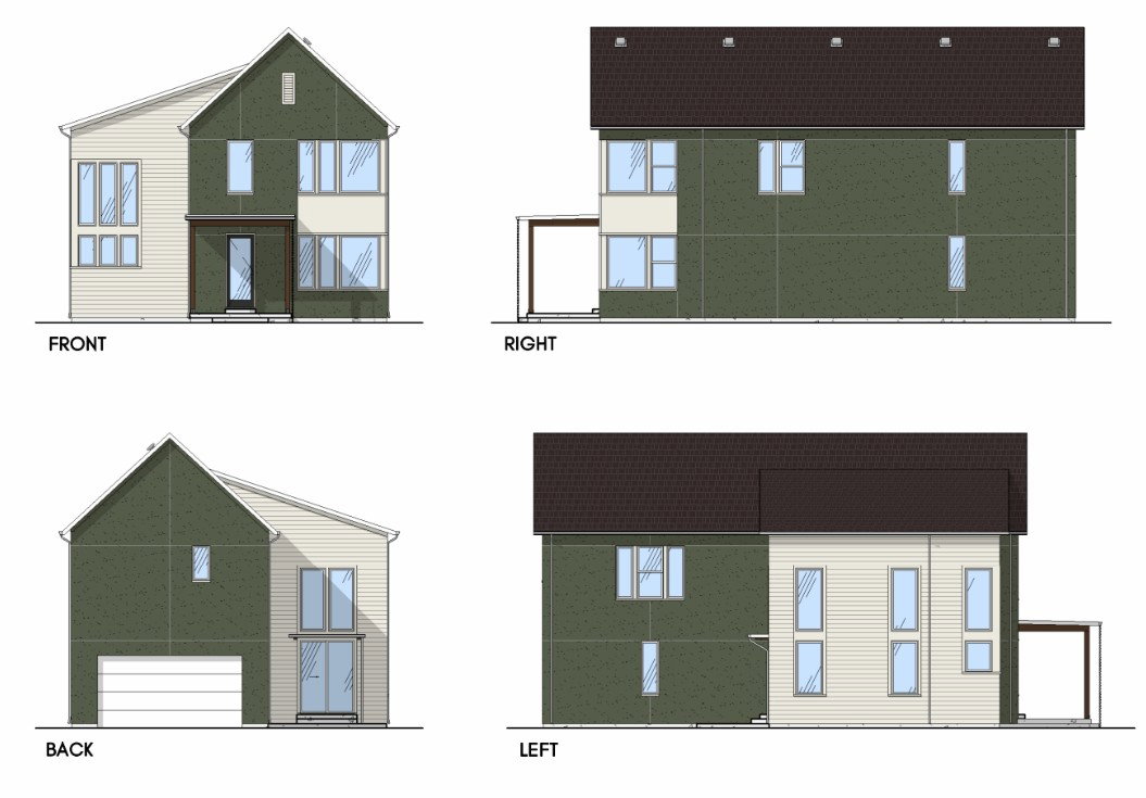 Architectural Drawings. Presenting four exterior elevations of the property