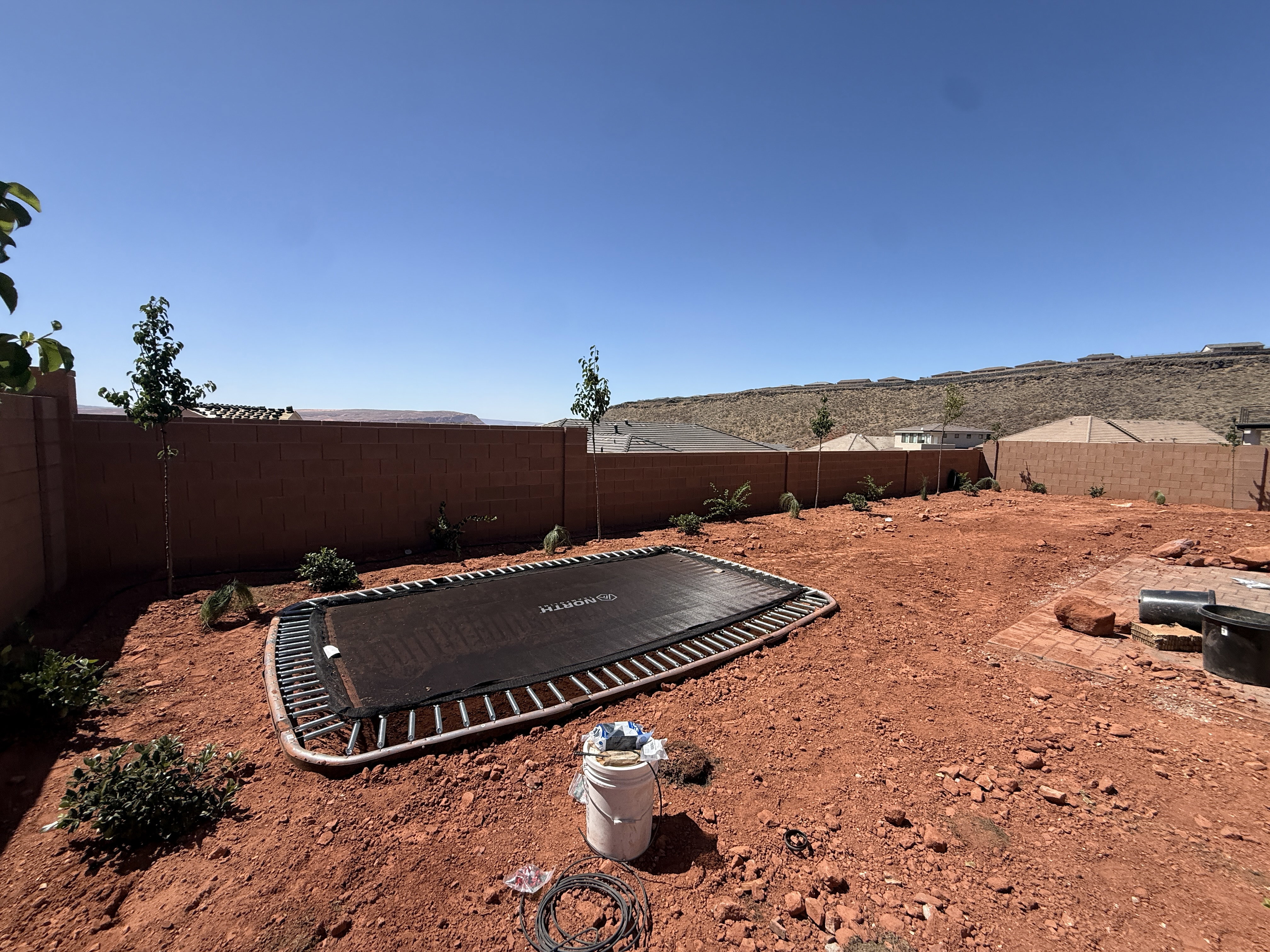 Expansive backyard space featuring a red earth landscape, a brick perimeter fence, and mature desert landscaping