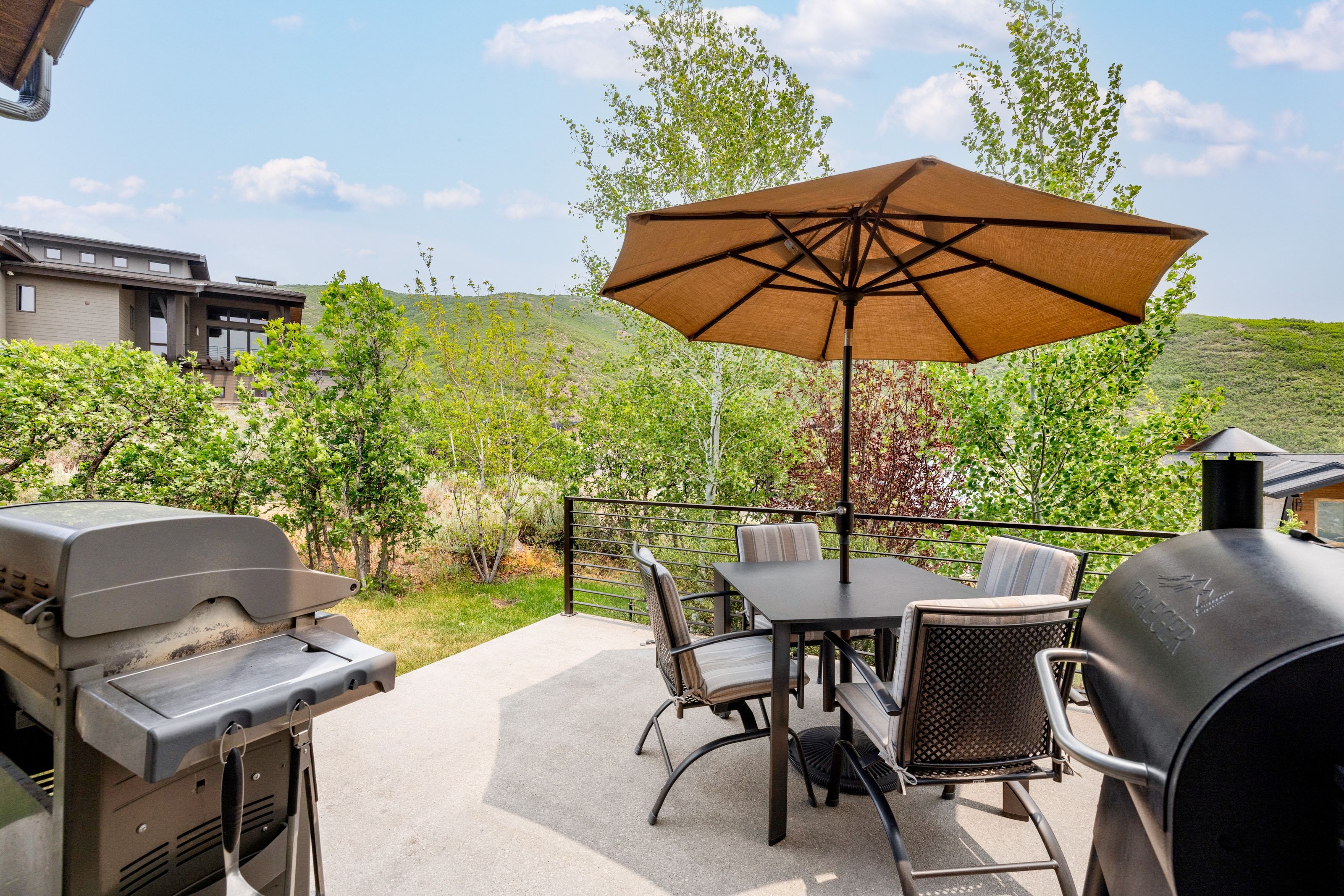 Expansive concrete patio featuring a black metal railing and surrounding natural landscape