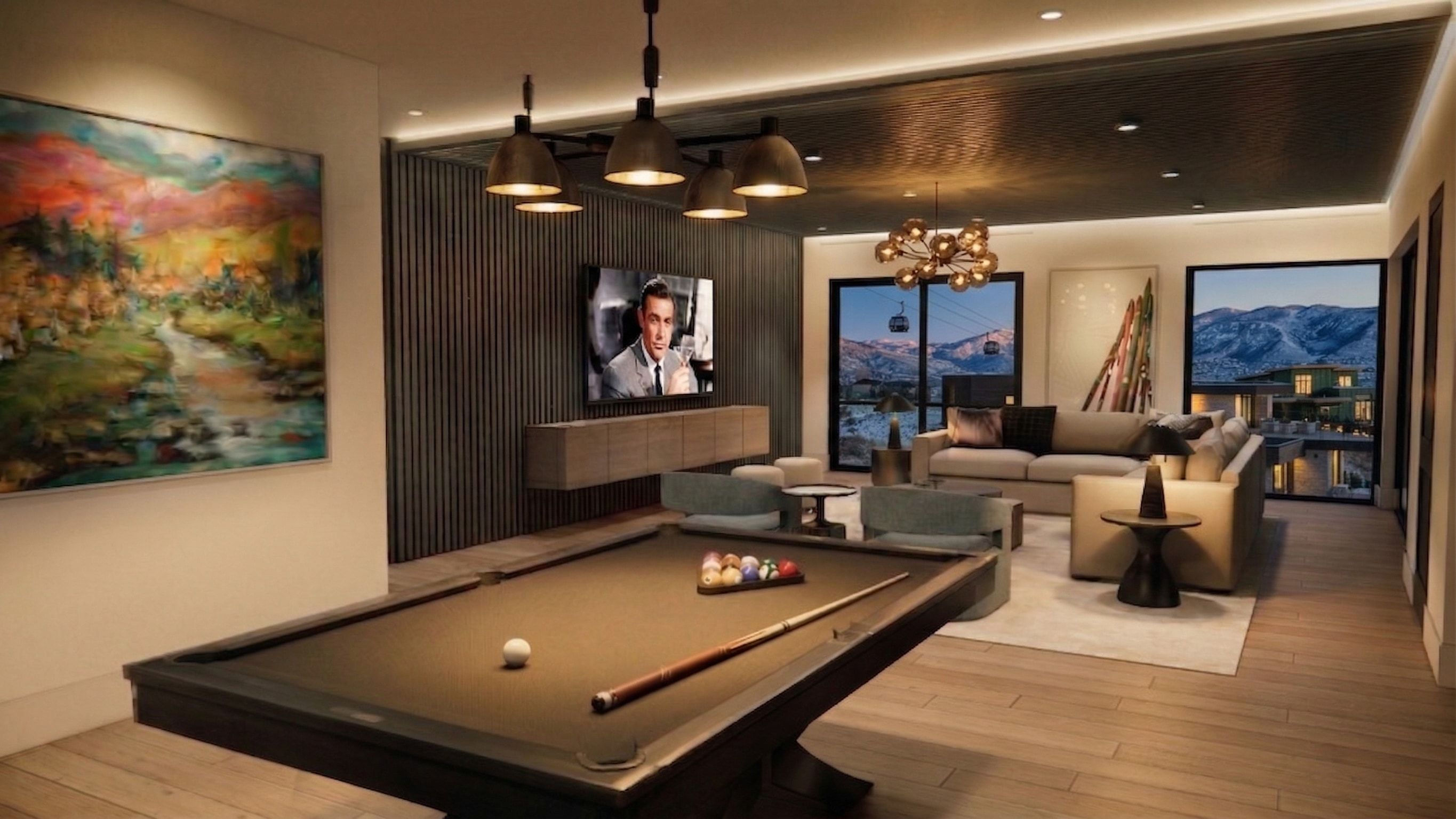 Open-concept recreation area featuring wood-finish flooring, a built-in media console, and recessed lighting