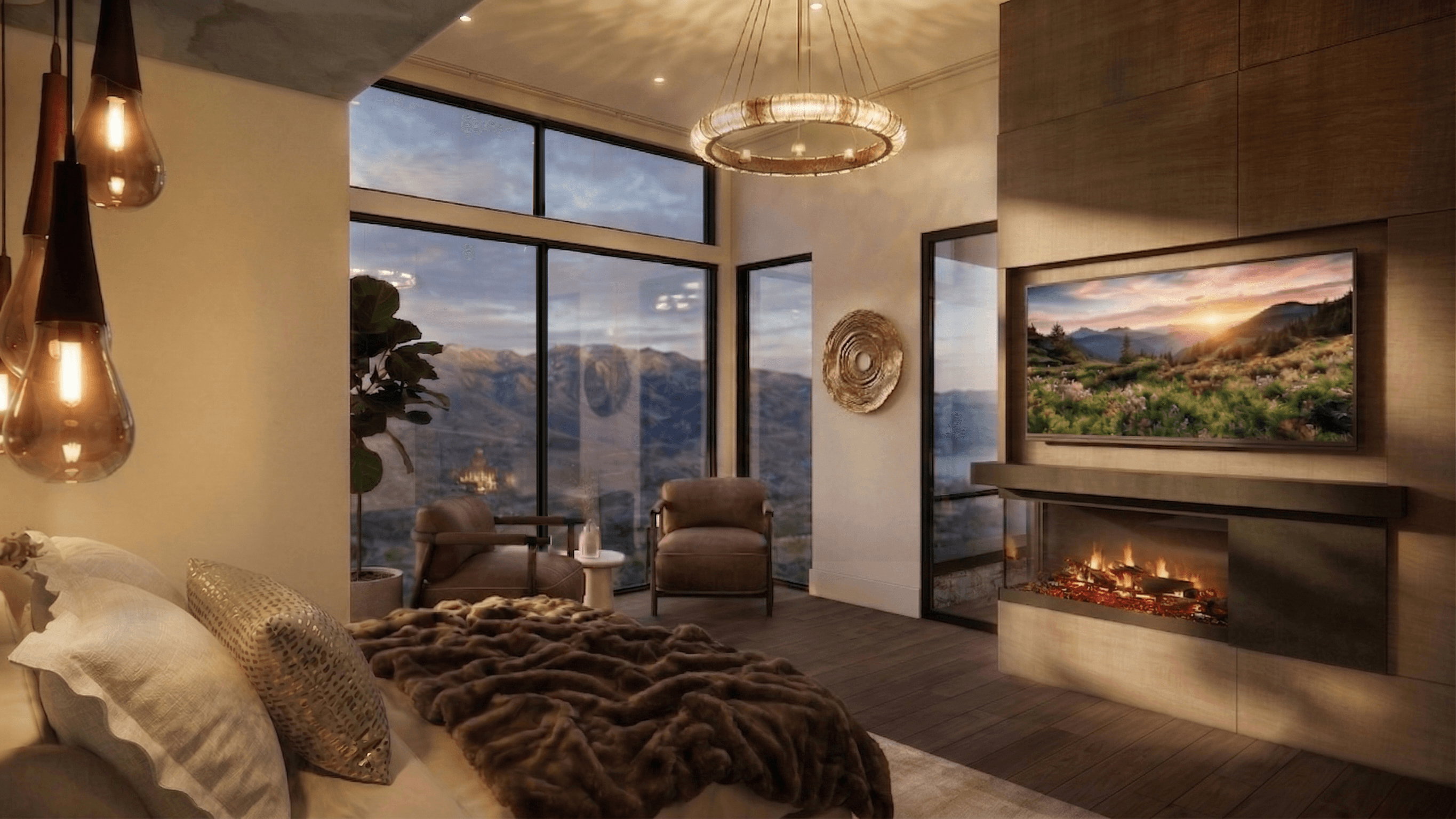 Expansive room featuring floor-to-ceiling windows, wood-finish flooring, a contemporary chandelier, a built-in electric fireplace, and a wall-mounted television