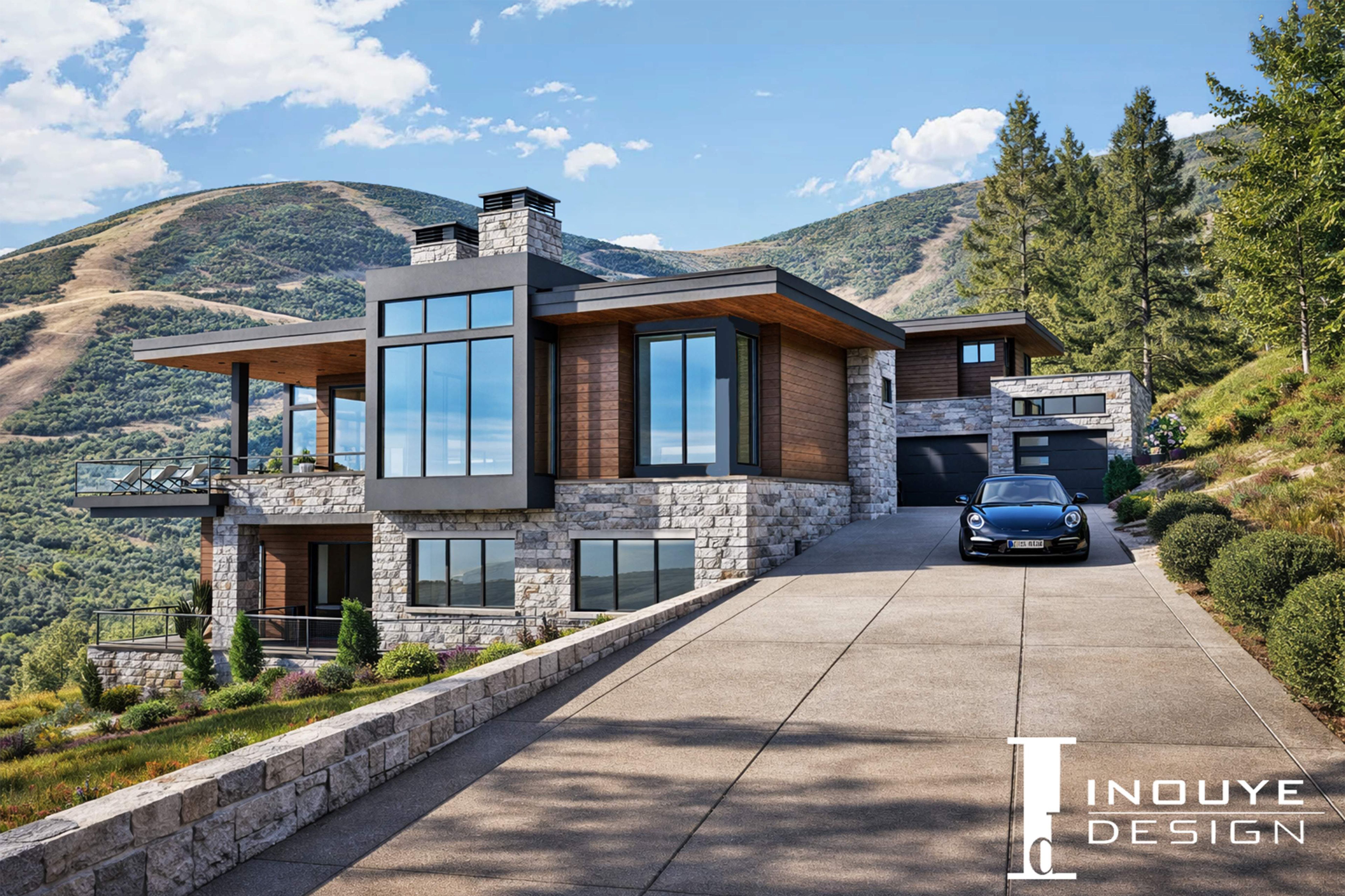 Modern architectural residence with extensive stonework and wood paneling