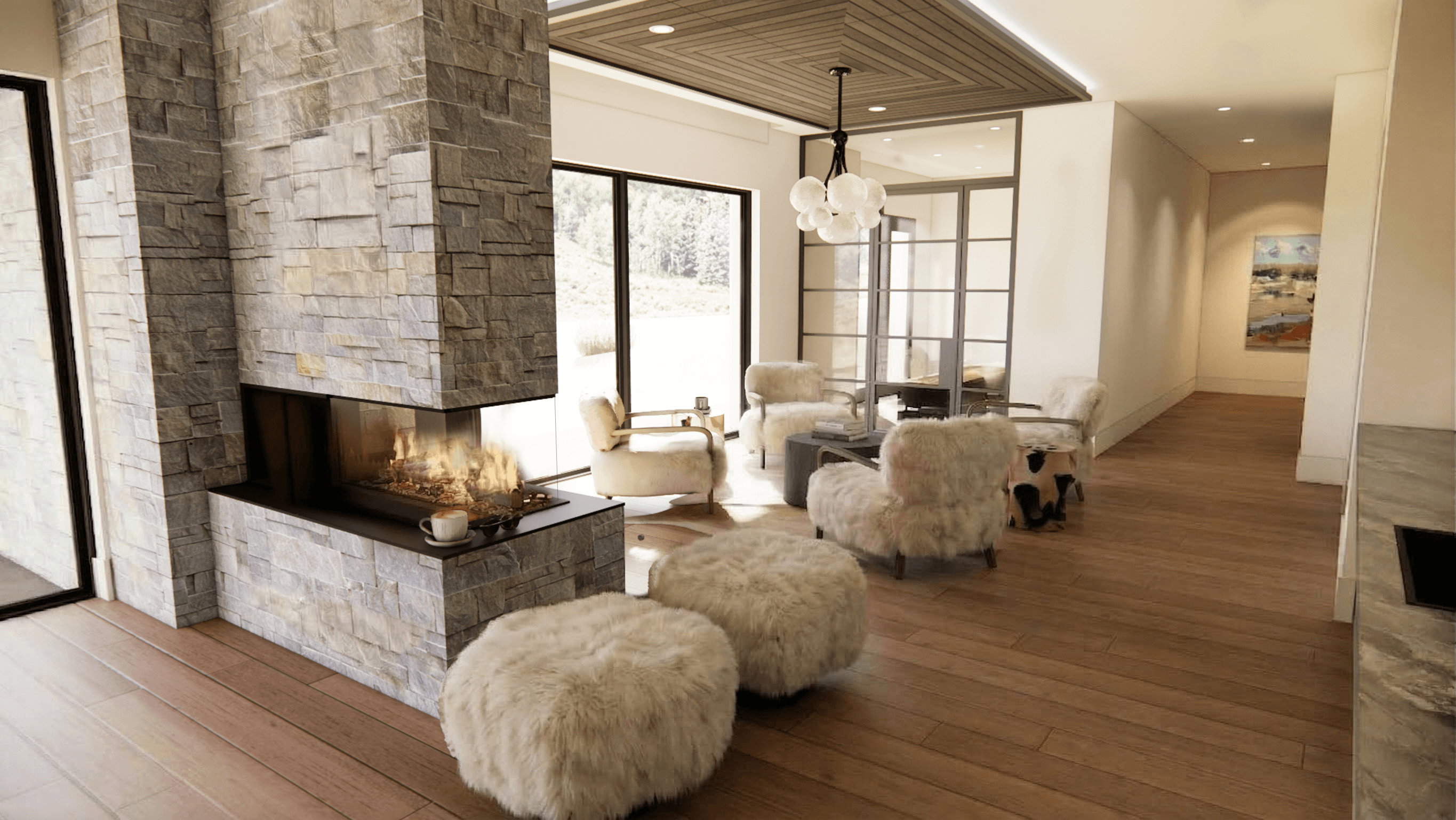 Corner fireplace featuring stacked stone surround and black hearth