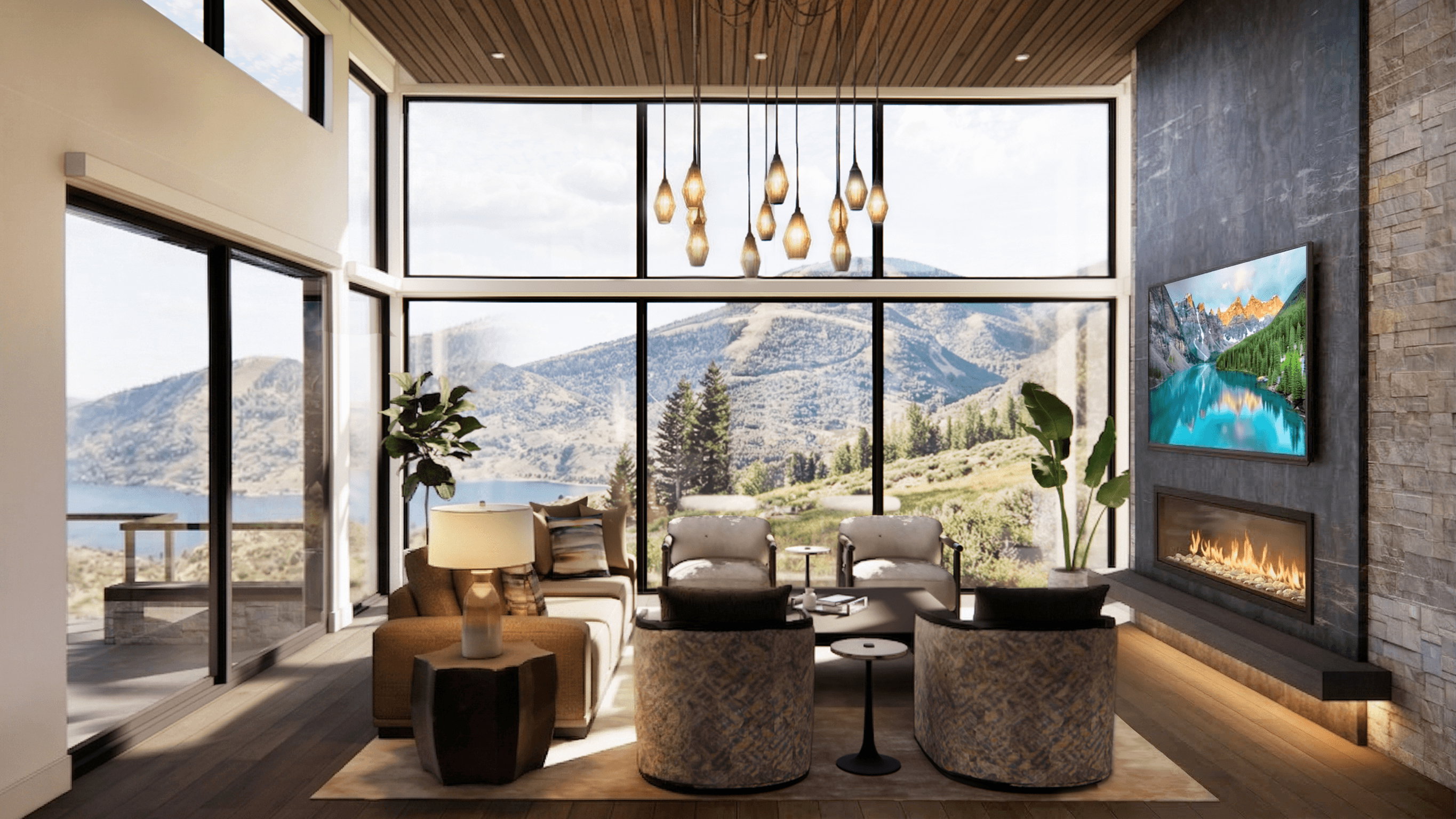 Vaulted living space featuring an expansive window wall, wood-finish flooring, a contemporary fireplace with stone surround, a wood-paneled ceiling, and a built-in recessed mantle