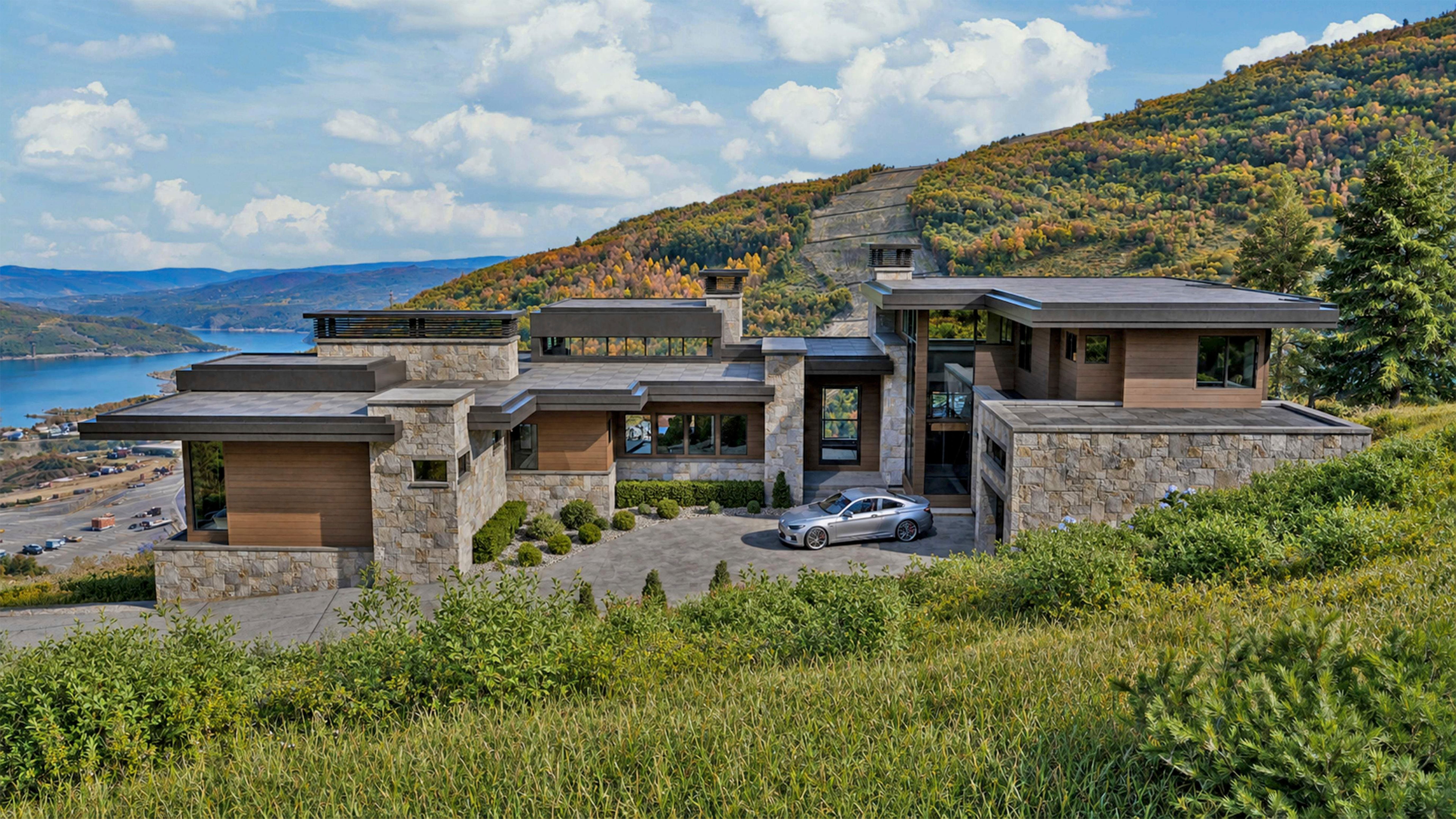 Contemporary architecture featuring stone and wood-finish siding, flat roofs, a paved driveway, and extensive landscaping
