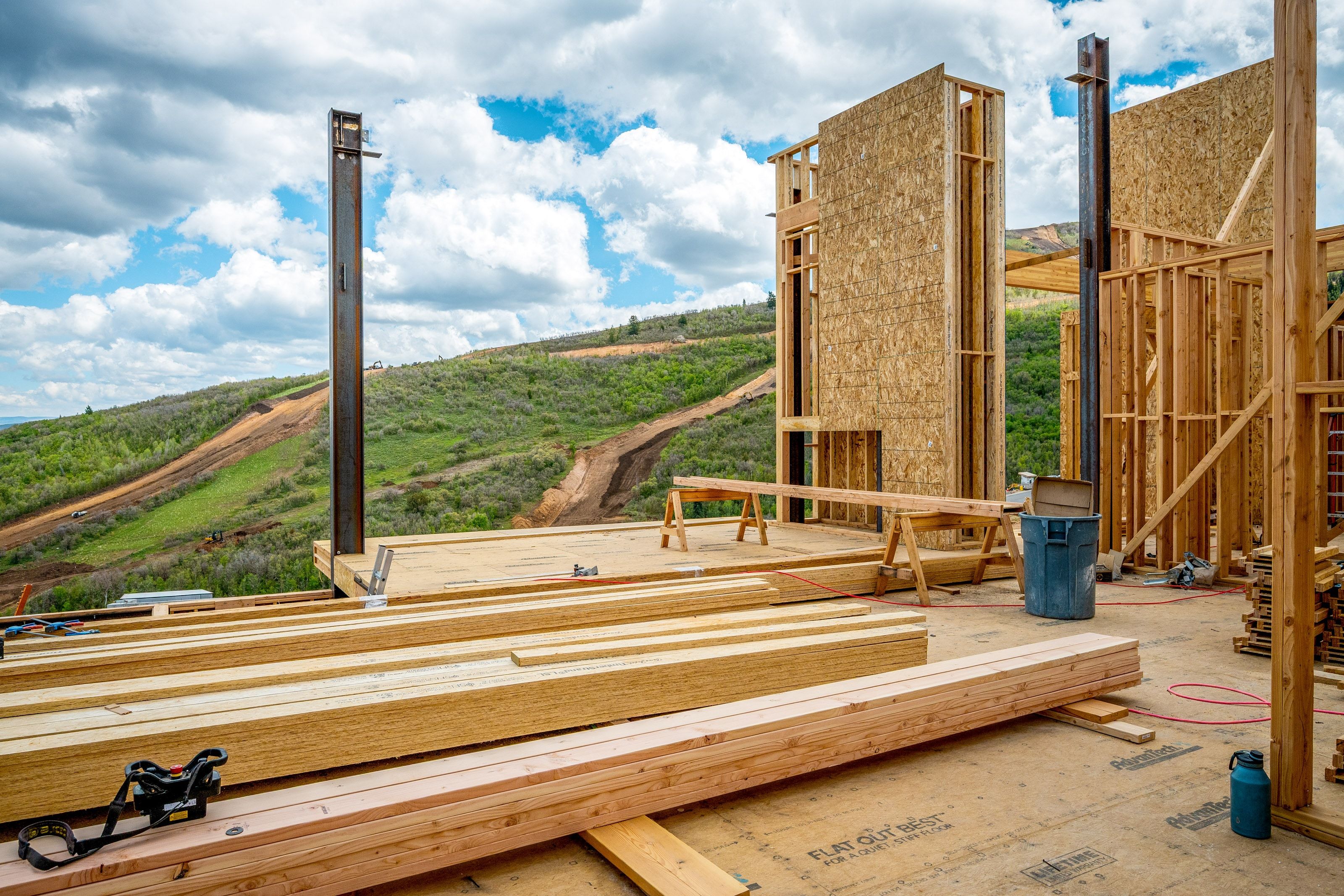 New construction framing featuring wood studs and engineered wood sheathing