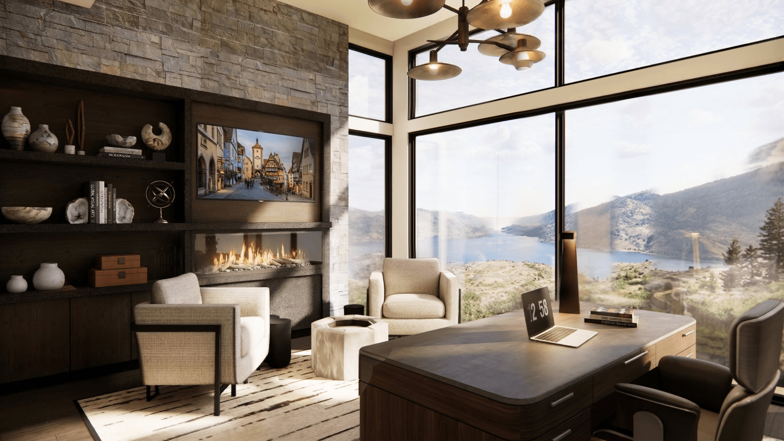 Expansive windows with a mountain and lake landscape