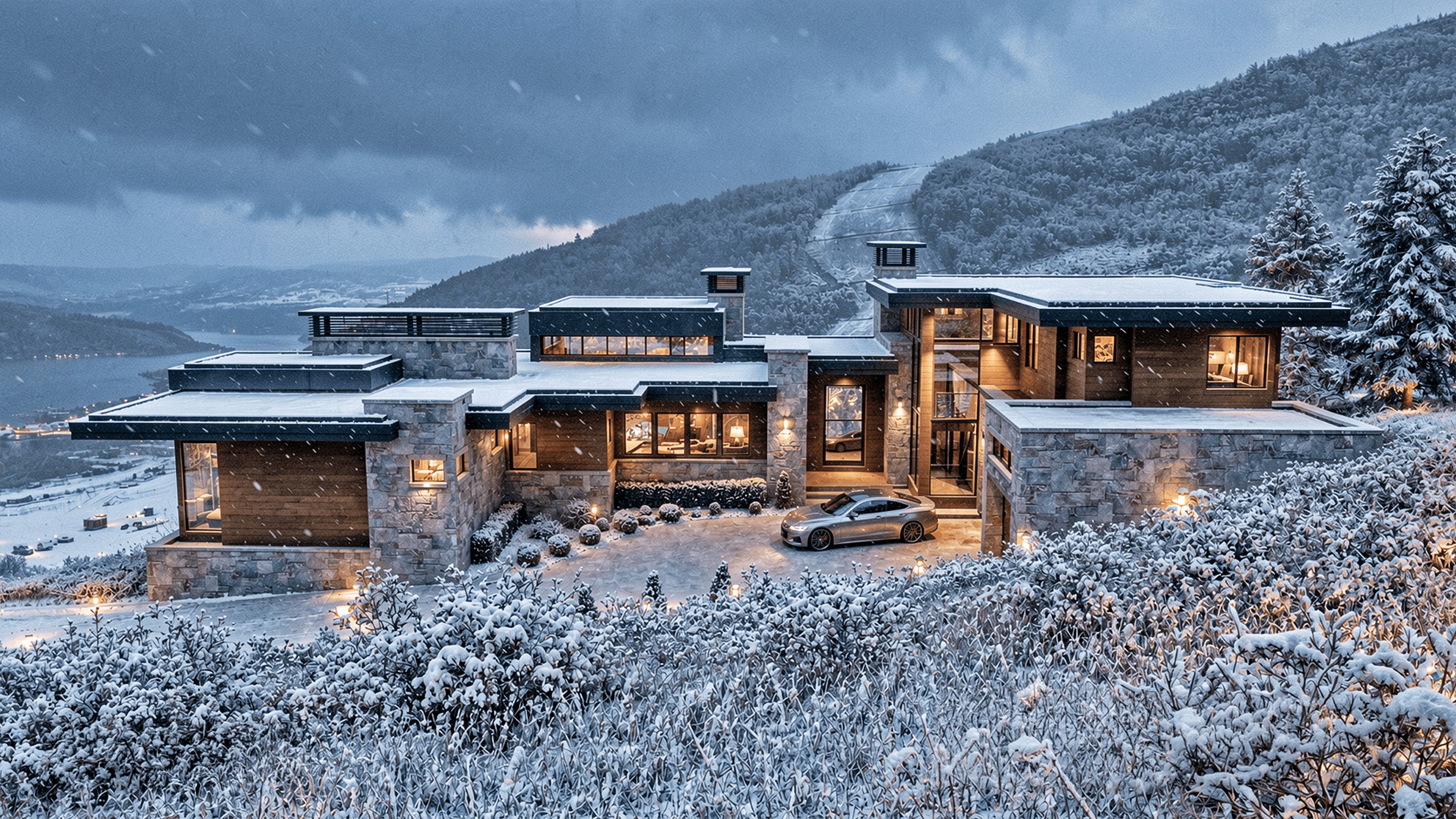 Modern architectural residence featuring stone and wood-finish paneling