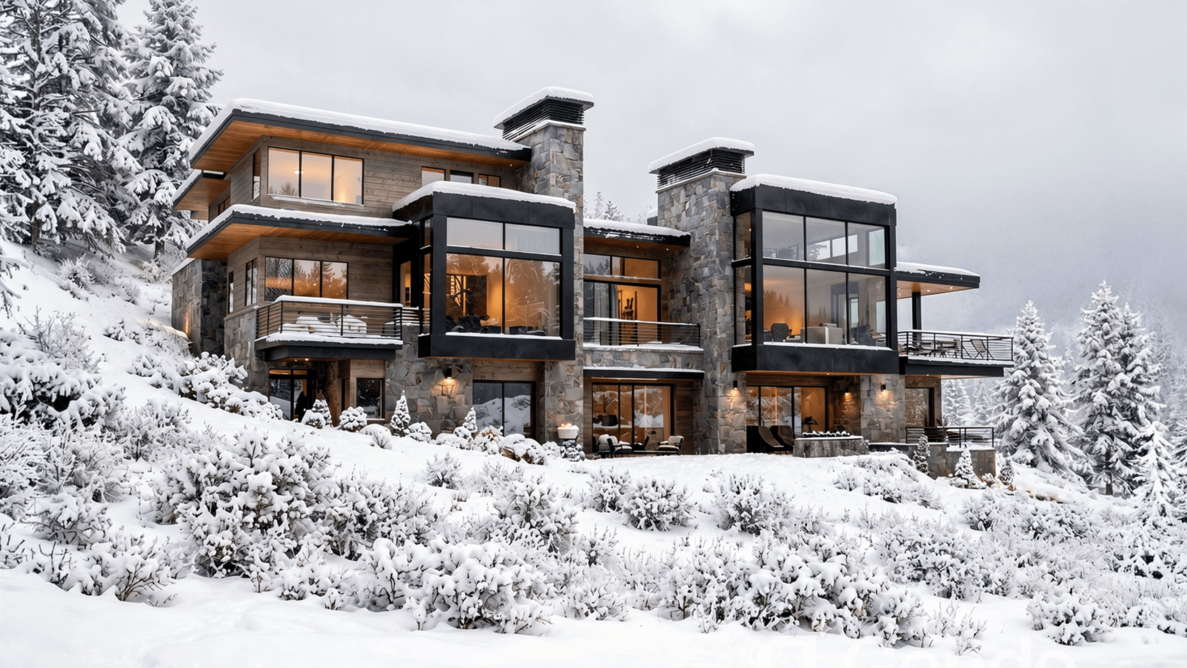 Contemporary mountain residence featuring multiple balconies, extensive glass panels, stone and wood exterior finishes, and a tiered architectural design