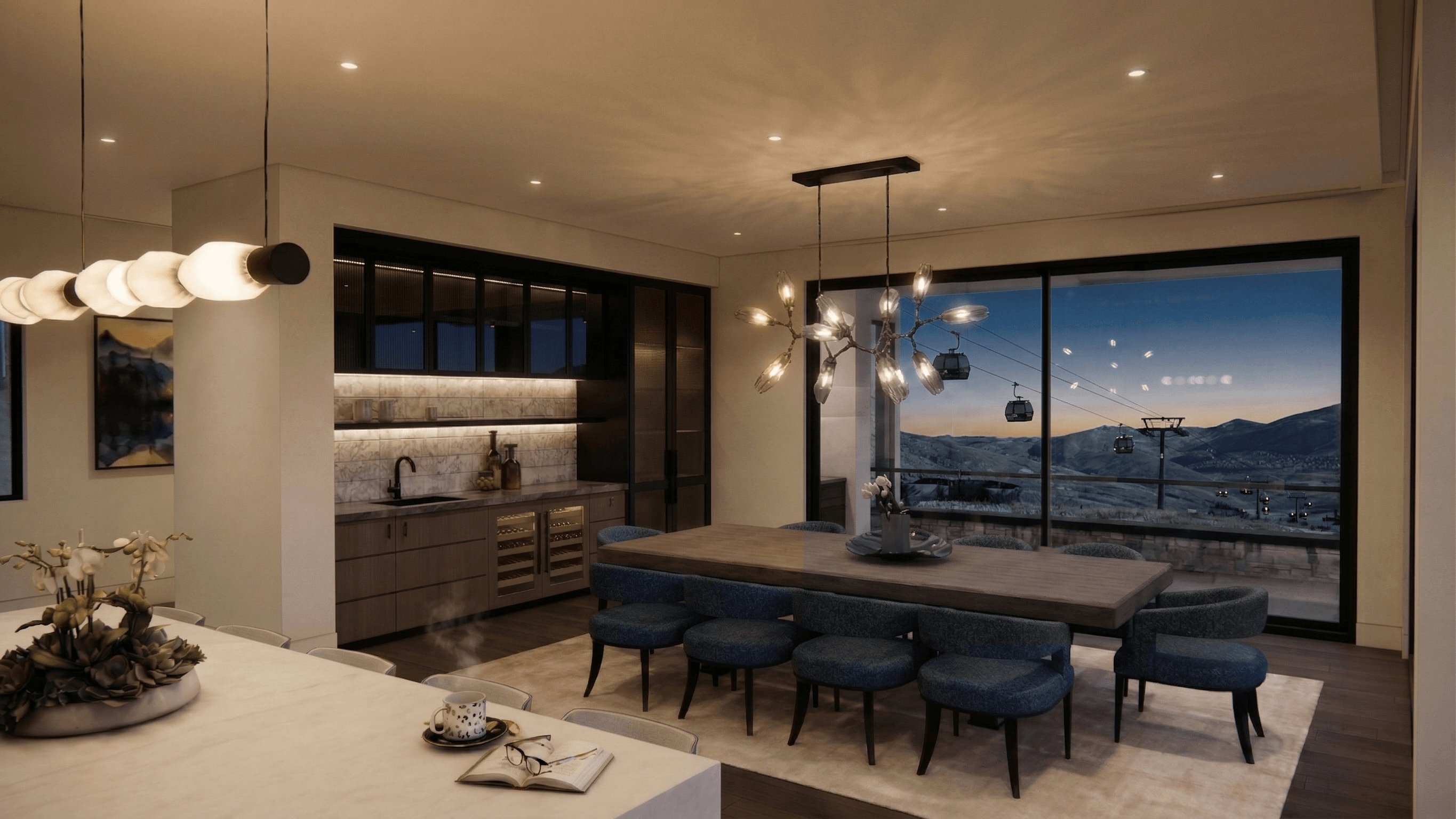 Expansive dining area featuring a custom chandelier and floor-to-ceiling windows