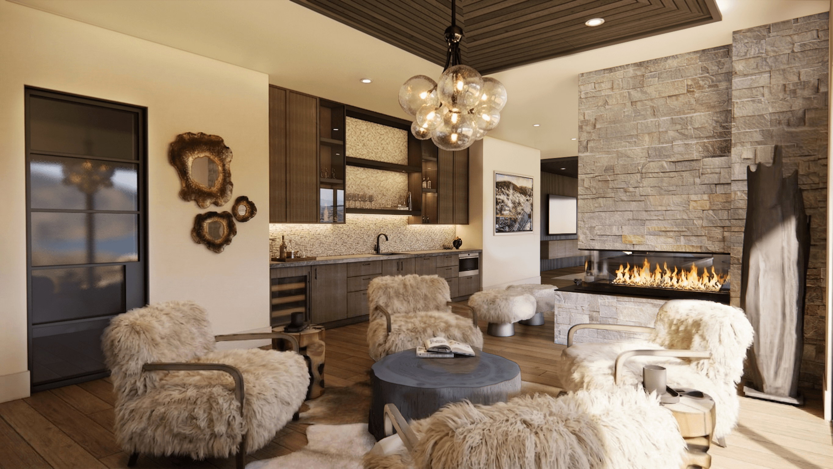 Living area featuring a floor-to-ceiling stone fireplace, wood-finish flooring, and a built-in wet bar with under-cabinet lighting