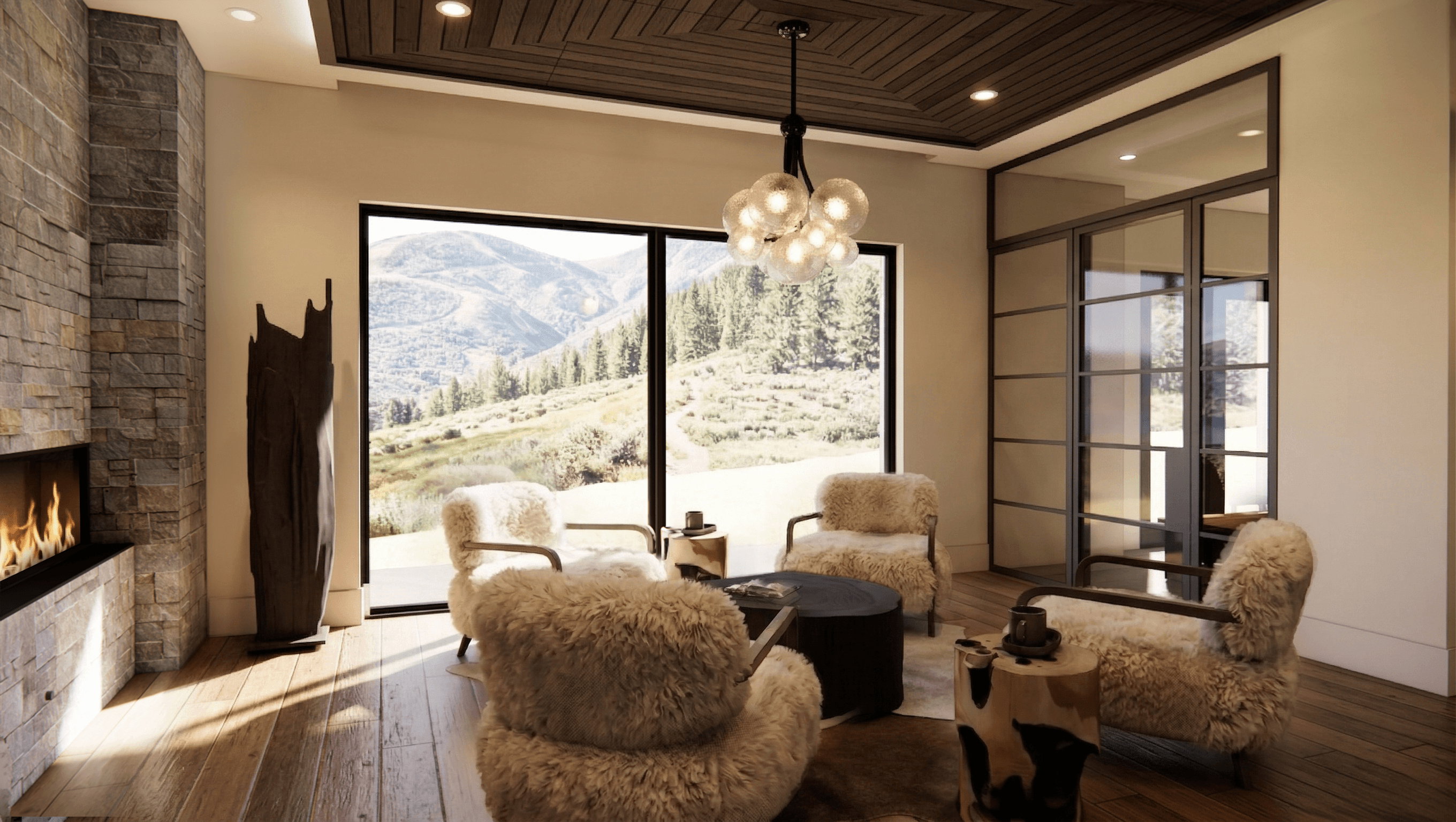 Expansive windows framing mountain and forest scenery