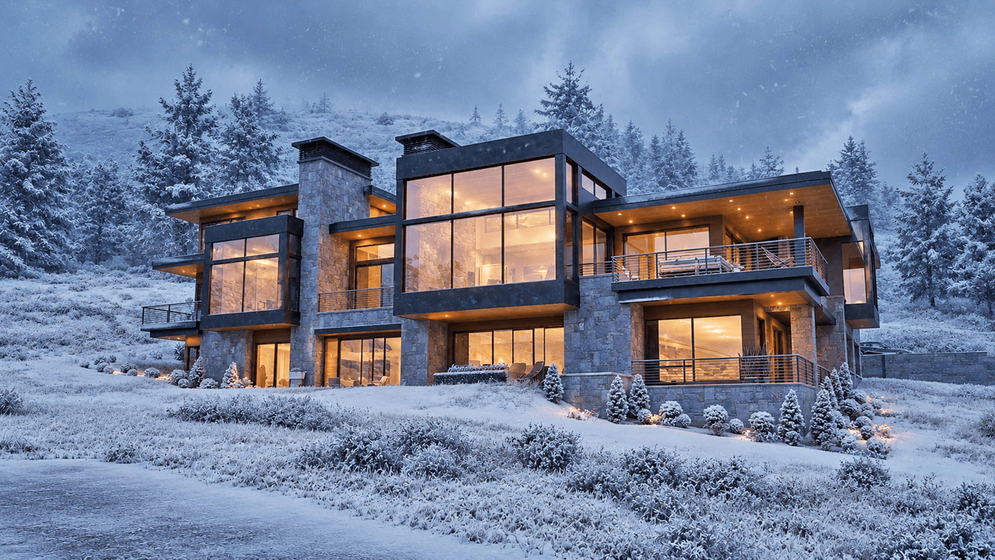 Contemporary stone and glass exterior with multiple levels of outdoor living