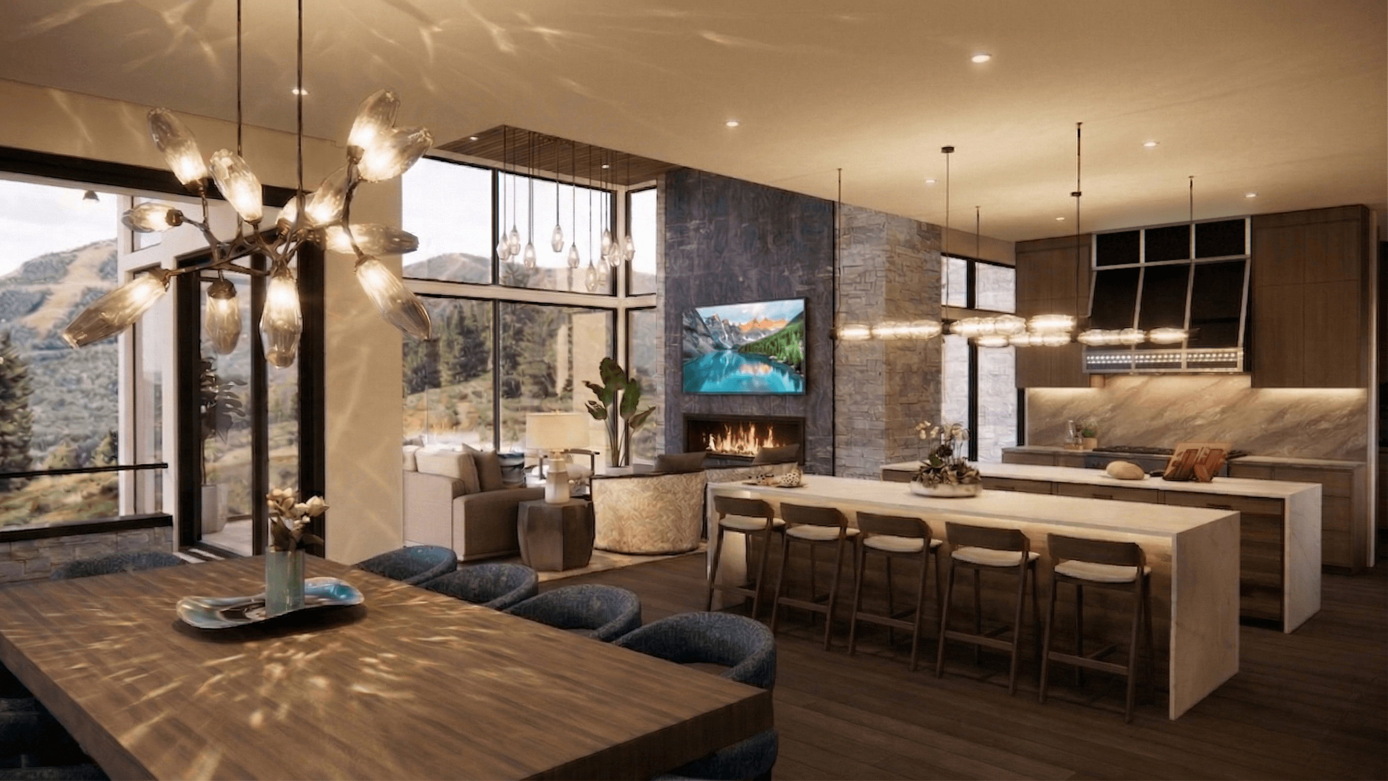 Open-concept living space with expansive windows, a stone-clad fireplace, and wood-finish flooring