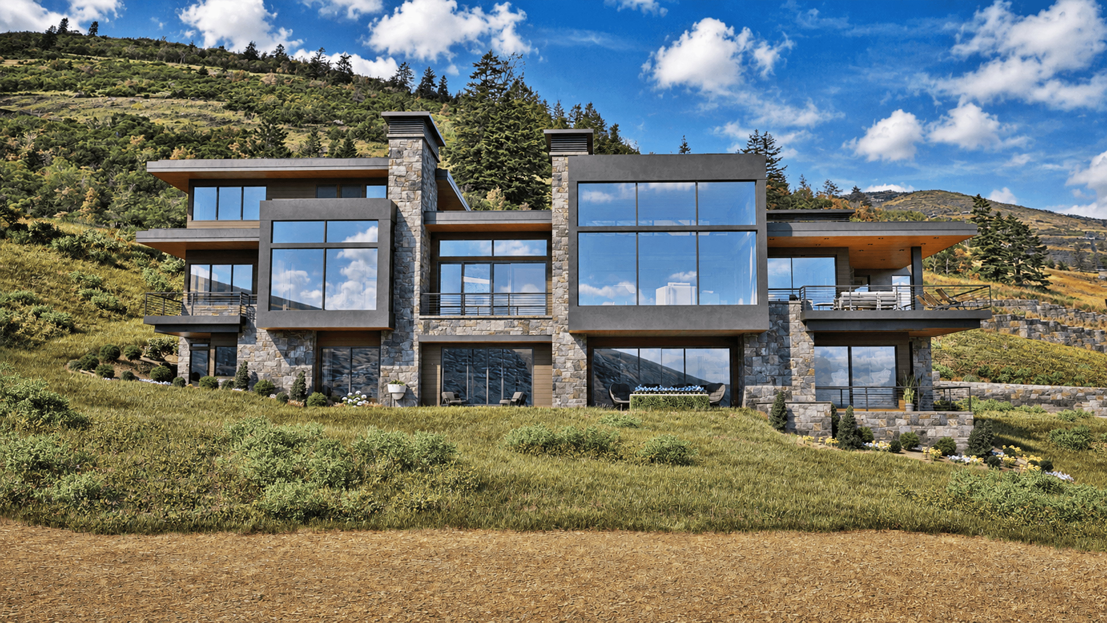 Modern architectural residence featuring multiple balconies, extensive window walls, a stone and stucco exterior, and multi-level construction