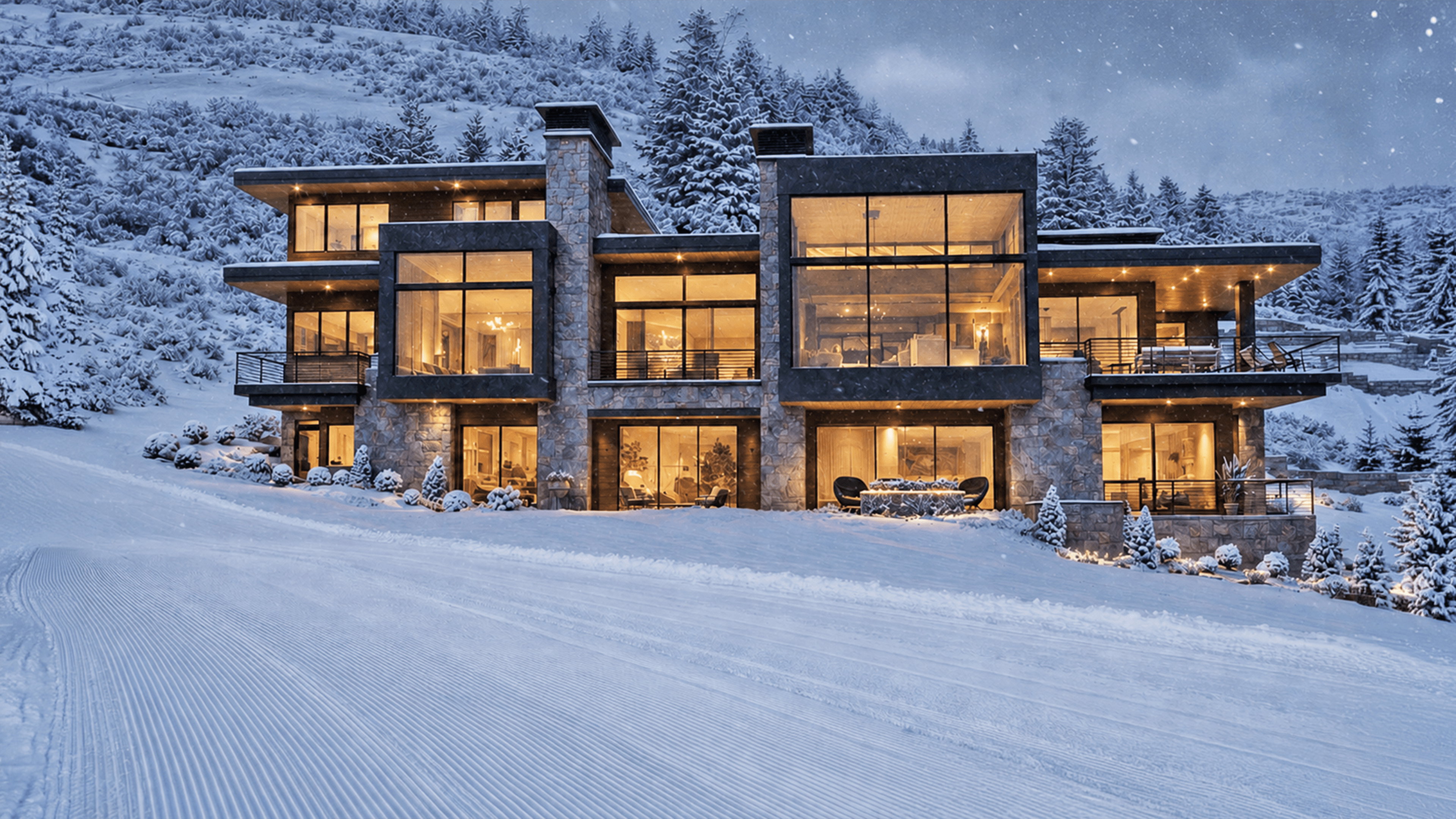 Contemporary multi-level residence featuring expansive windows, stone and dark-paneled exterior finishes, multiple outdoor balconies, and a lower-level patio area