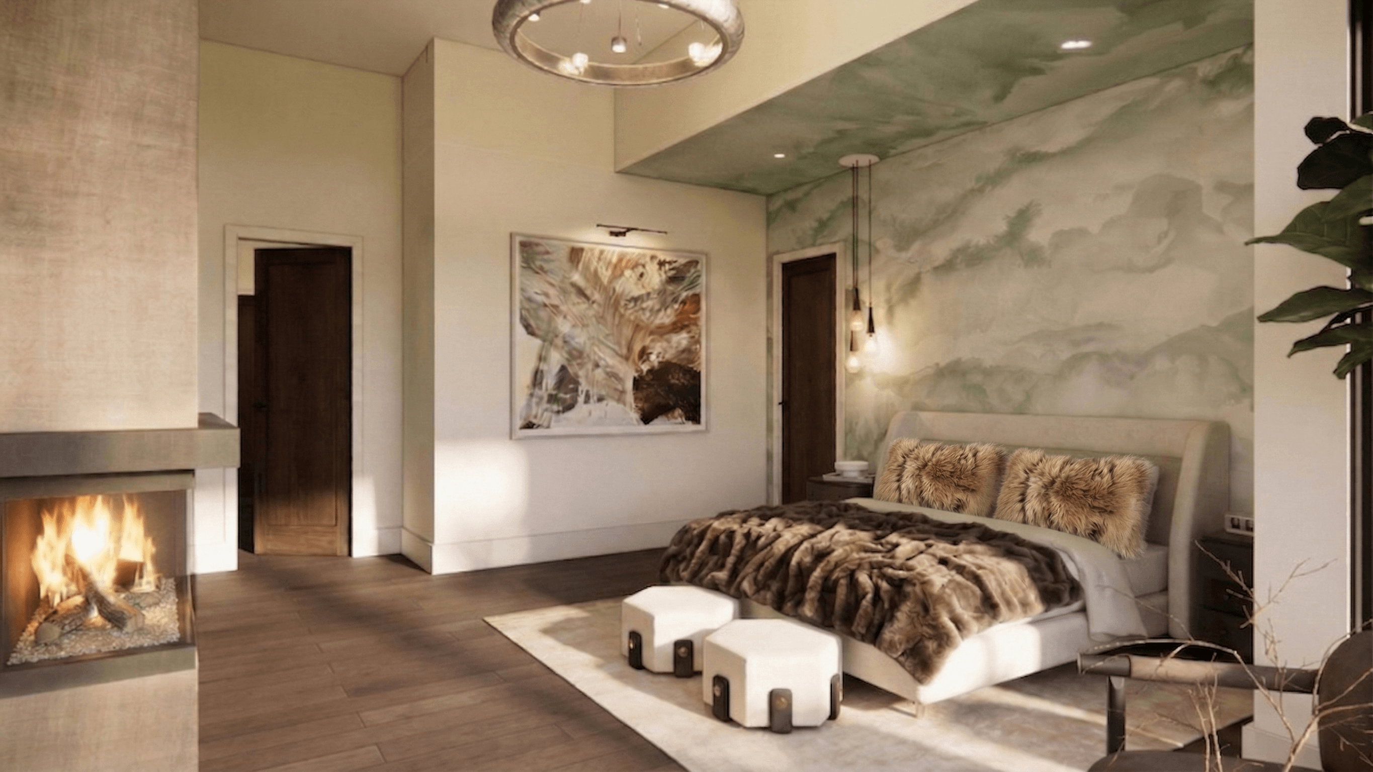 Contemporary bedroom featuring a corner fireplace with a stone hearth, wood-finish flooring, and a decorative accent wall with a unique green and white pattern
