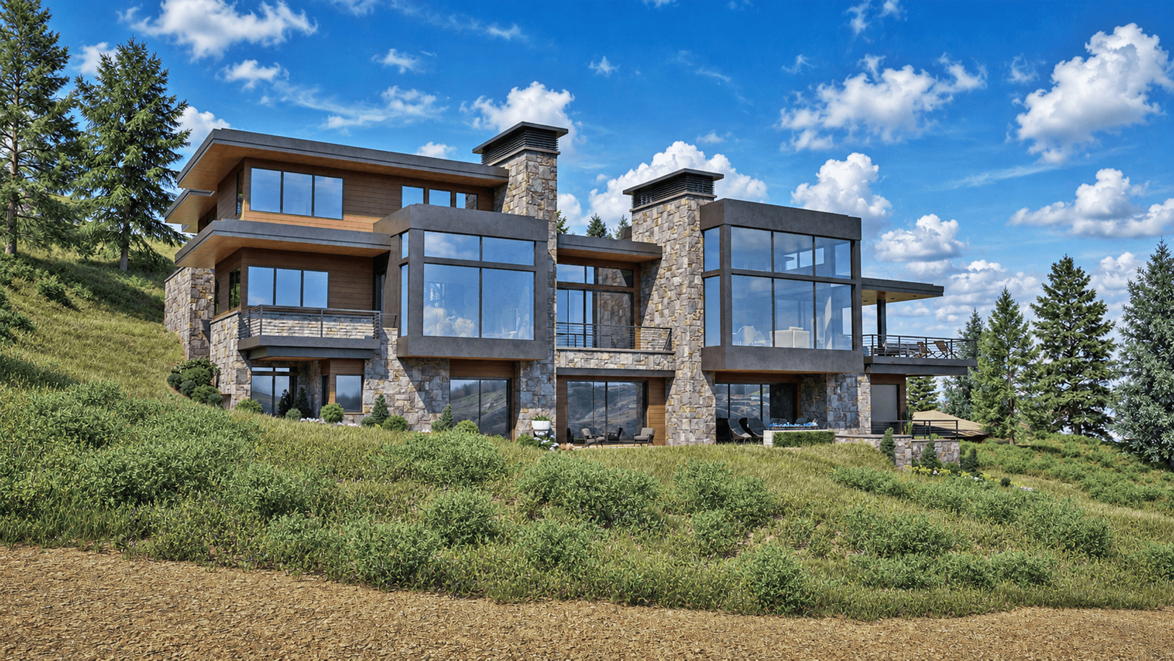 Modern multi-level residence featuring expansive window walls, stone and wood-panel cladding, multiple outdoor balconies, and a distinctive stone chimney