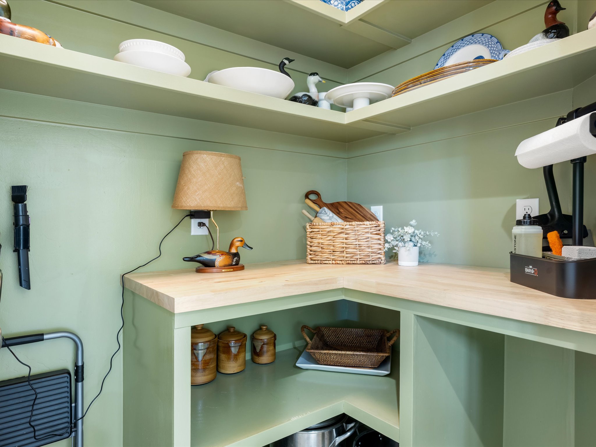 Corner pantry featuring wood-finish countertops, built-in shelving, and light green painted walls