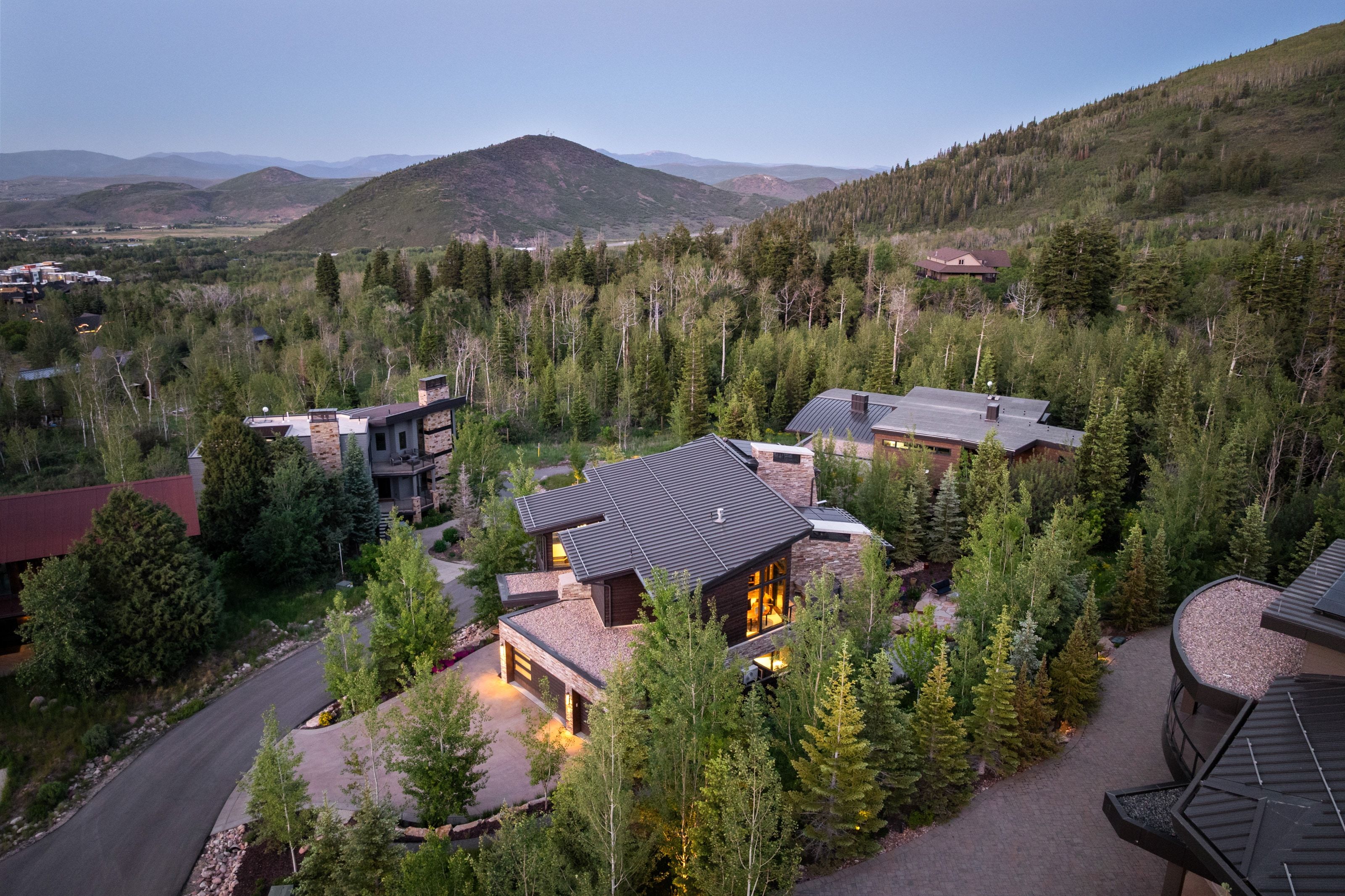 Contemporary residence featuring dark exterior siding and a multi-pitched roofline